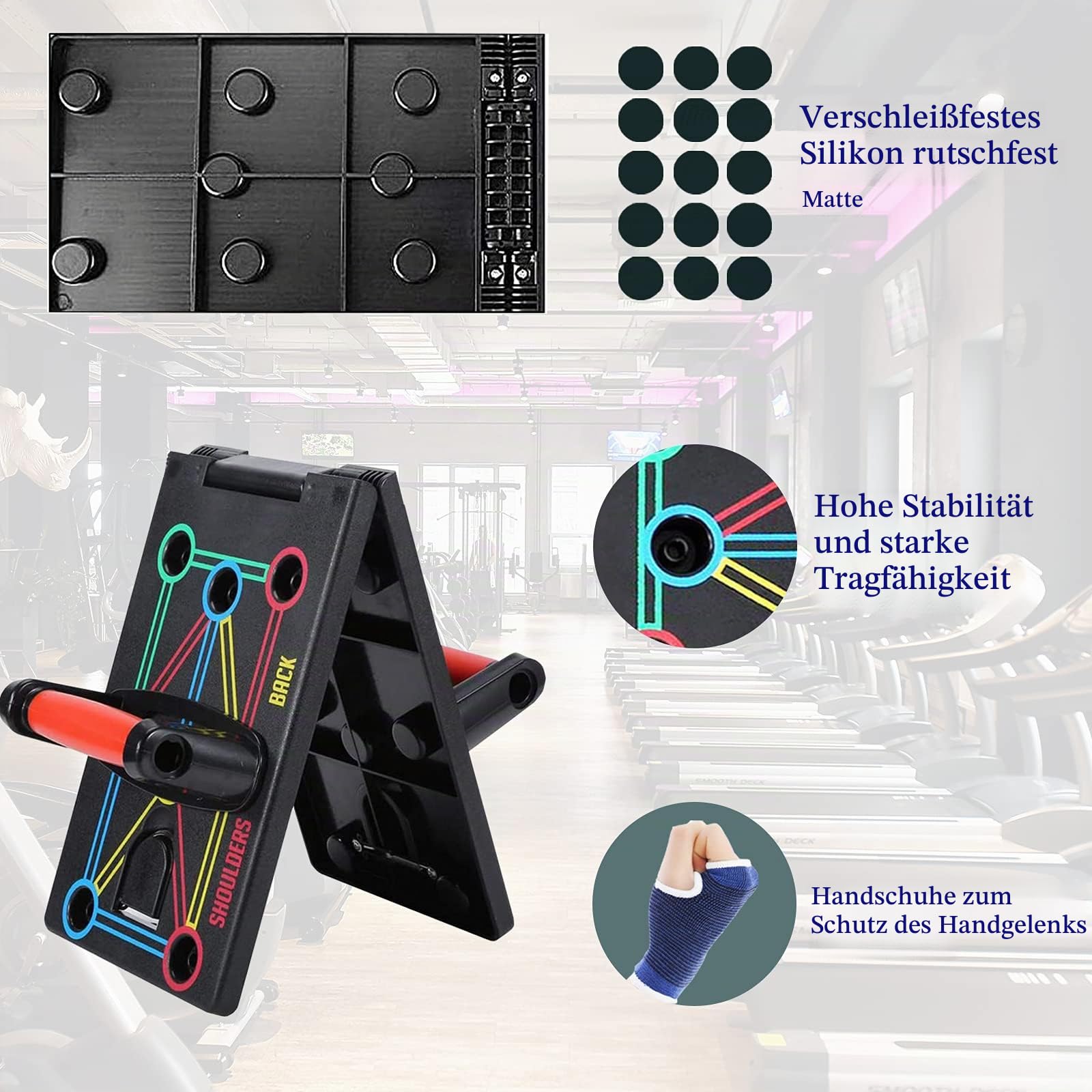 Push Up Board Fitnessgeräte, 12-in-1-Faltbares Multifunktions Tragbar Liegestütze Brett, Fitness Geräte mit Schutzhandschuhen und Rutschfester Silikonmatte, Unisex Sportgeräte