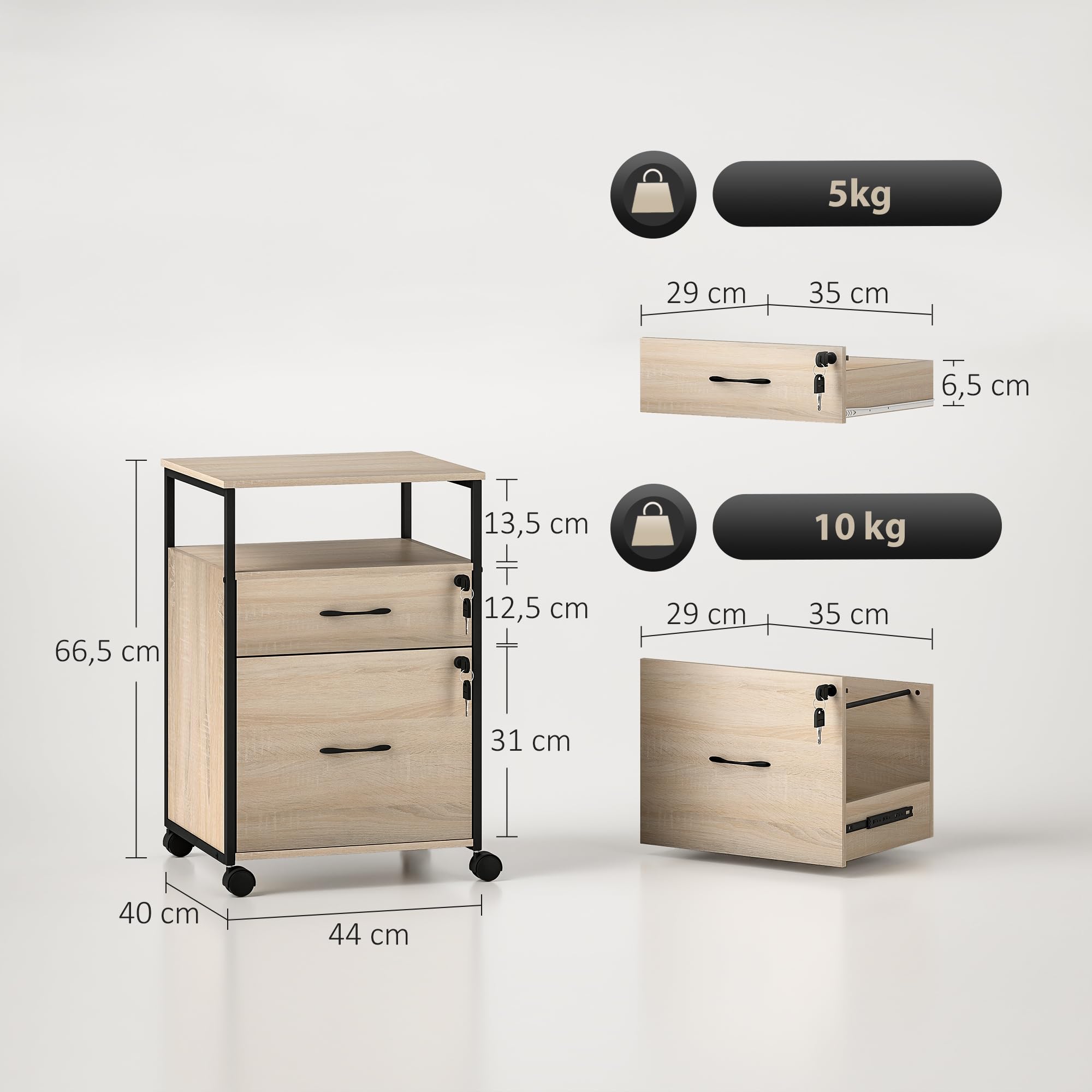 Vinsetto Cassettiera per ufficio con 2 cassetti, cassetto per scrivania con ruote, barra appendiabiti, serratura e 2 chiavi per lettere A4, schedario mobile per studio, 44x40x66,5 cm, naturale