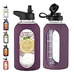 CIVAGO 64 oz Glass Water Bottle Jug with Straw and Handle, Half Gallon Sports Motivational Water Bottle with Time Marker, Wide Mouth Flask Canteen with Silicone Sleeve for Gym, Mauve