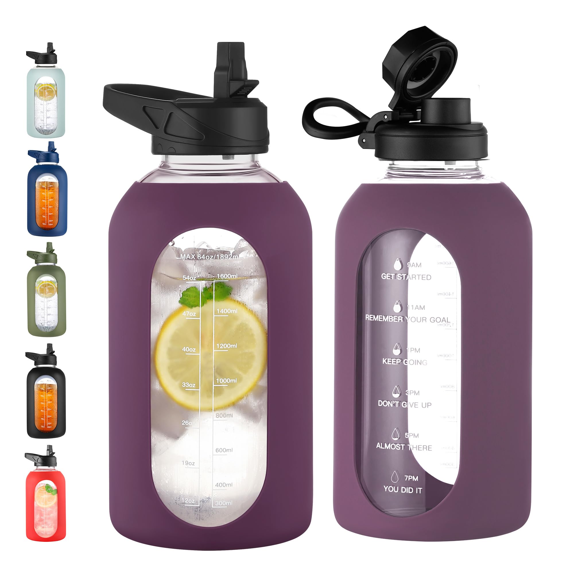 CIVAGO 64 oz Glass Water Bottle with Straw, Half Gallon Large Water Jug