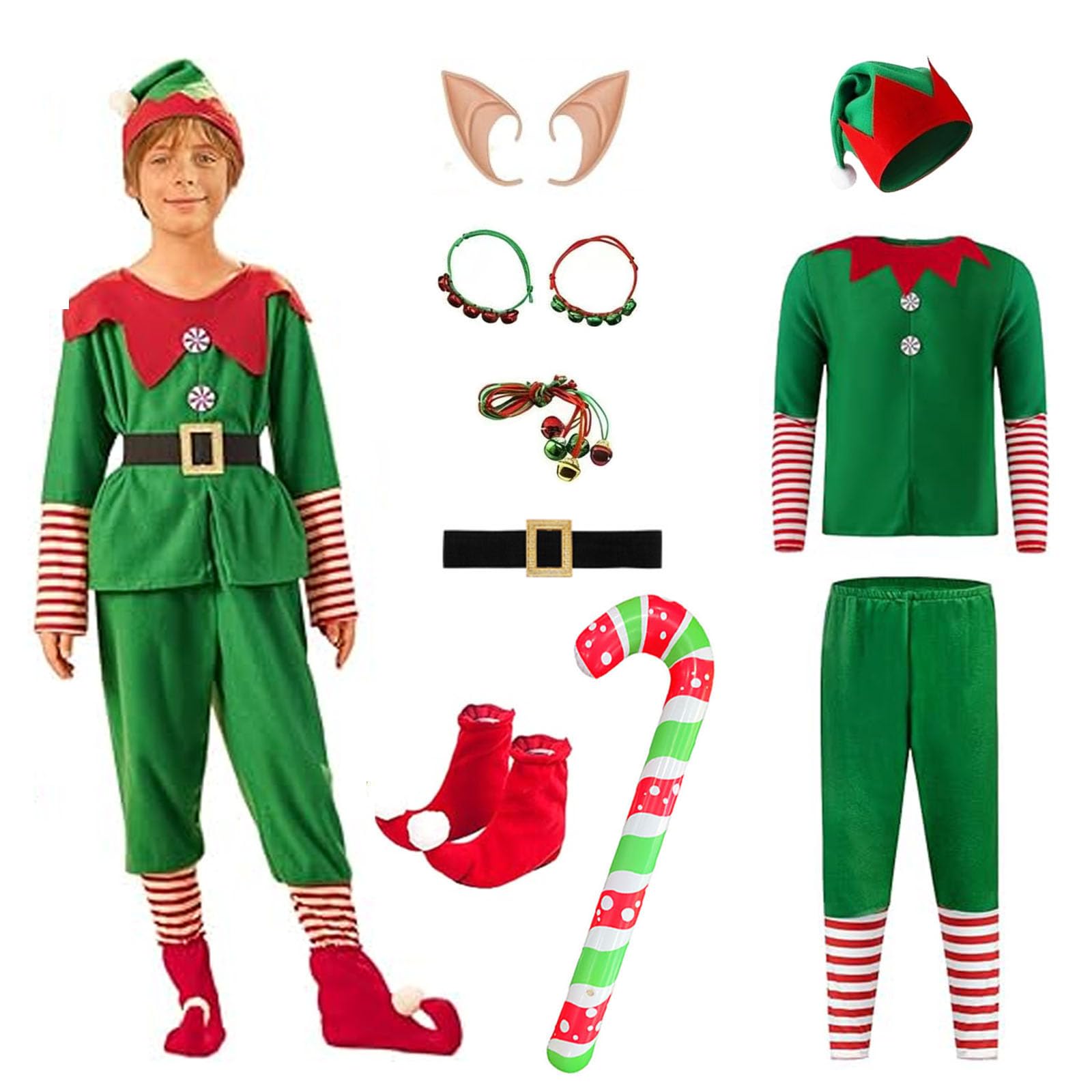 Effluvcy Elf Costume for Adults kids, Elf Costume Women Men Outfits Dress with Hat Belt Ear Necklace Balloon Bracelet Shoe Covers, Adult Costume Cosplay Holiday Party Full Set Costumes (Boys, 140)