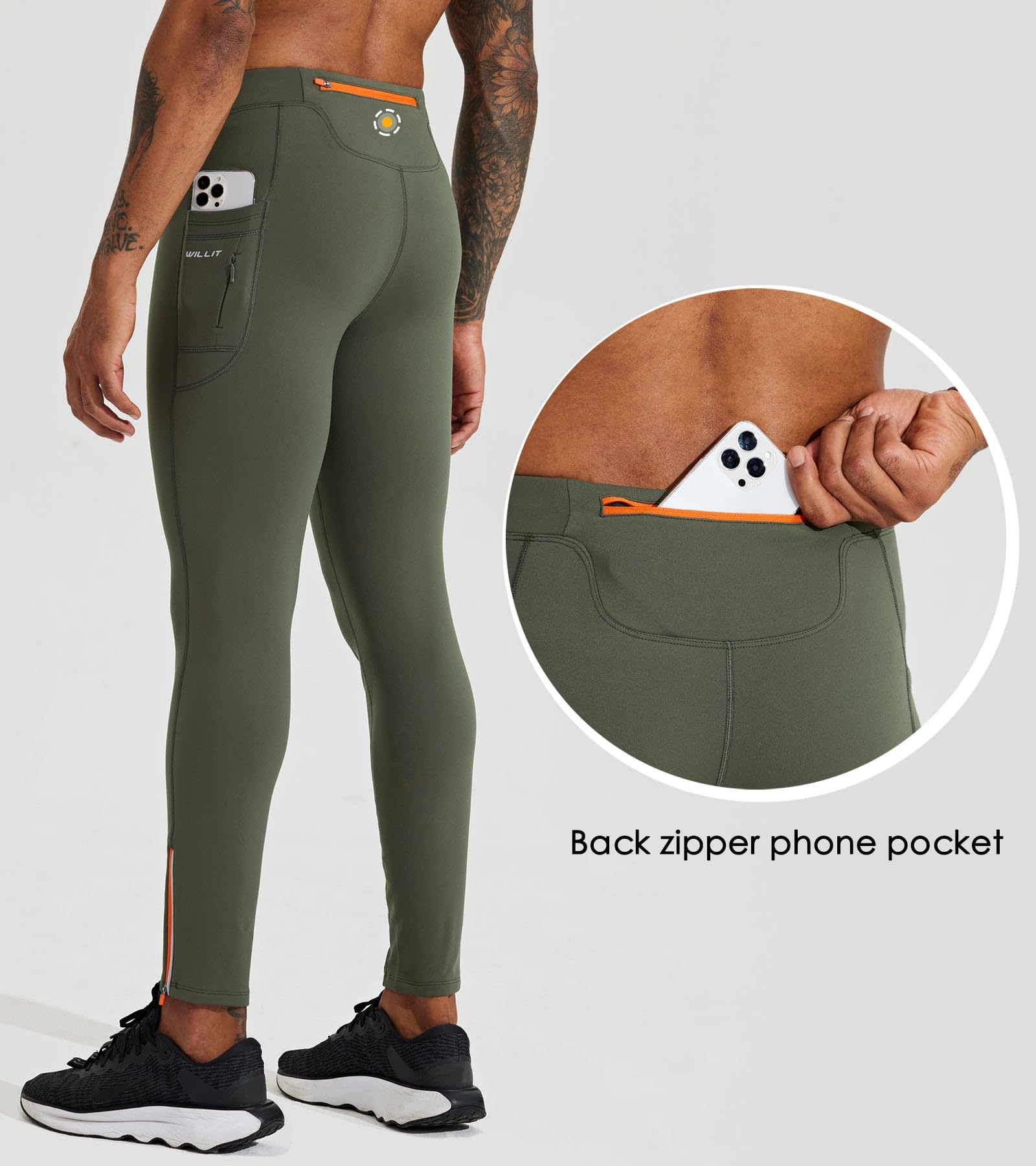 Willit Mallas térmicas para correr para hombre, pantalones de forro polar, resistentes al agua, bolsillos con cremallera, equipo para clima frío