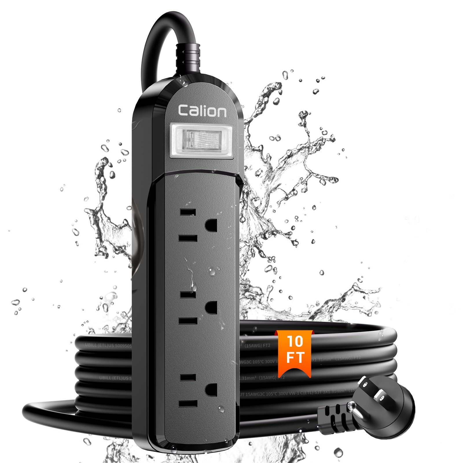 Calionltd IPX6 Outdoor Power Strip Weatherproof,10 FT SJT 16AWG Extension Cord 3 Wide Outlets 1875W Overload Protection, Waterproof Surge Protector