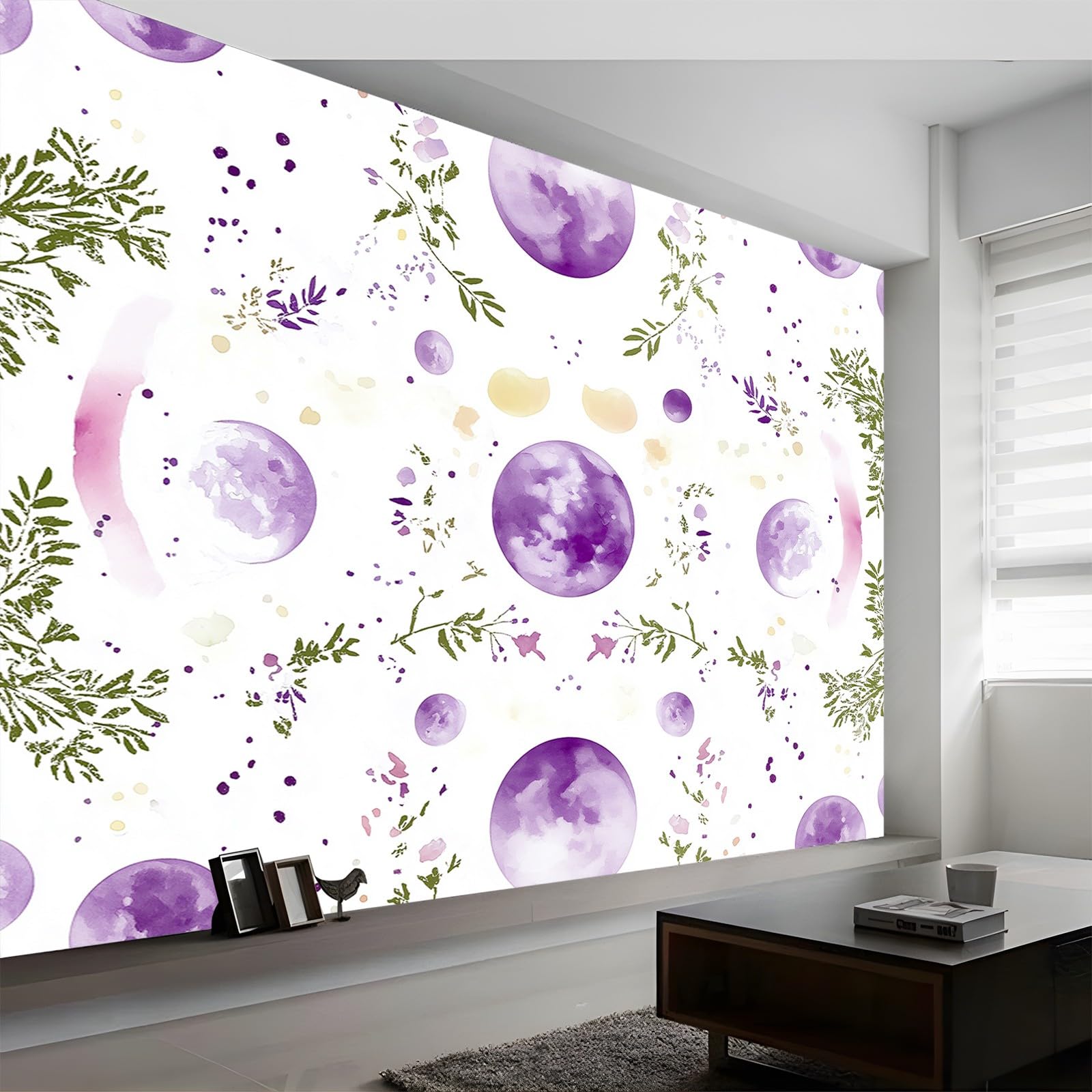 Panoramiczne tapety kwiaty akwarela księżyc fioletowy zielony 200 x 140 cm (szer. x wys.), gigantyczny plakat ścienny 3D nowoczesna tapeta dekoracja ścienna salon sypialnia sypialnia biuro tapeta
