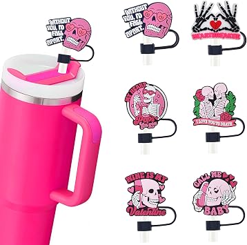 Halloween Straw Covers for Stanley Cup, Pink Skull Straw Toppers for Stanley, Funny Cartoon Food Grade Silicone Topper, Fall Reusable Straws Cap Stopper for 0.4Inch/10mm 6PCS