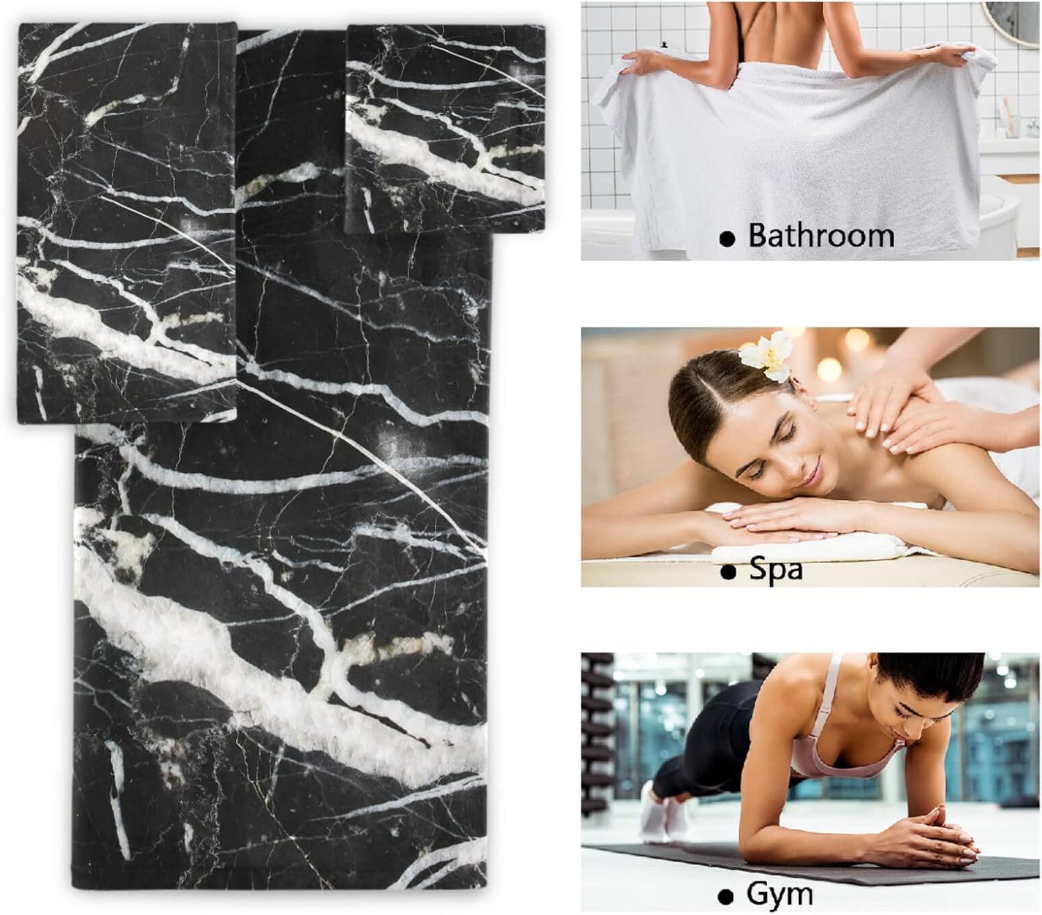 Naanle Black and White Marble Towel 3 Piece Set Bath Towels Set for Bathroom Highly Absorbent Cotton, 1 Large Bath Towel+ 1 Hand Towel+ 1 Washcloth, Pack of 3 Softness Towels for Decoration