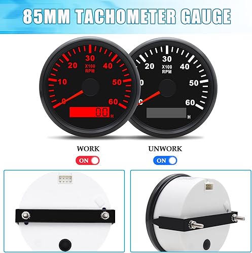 Miniatura 4 de Geloo Tacómetro marino de 3.346 in fuera de borda impermeable 6000RPM barco RPM tacómetro con LCD medidor de horas digital retroiluminación roja