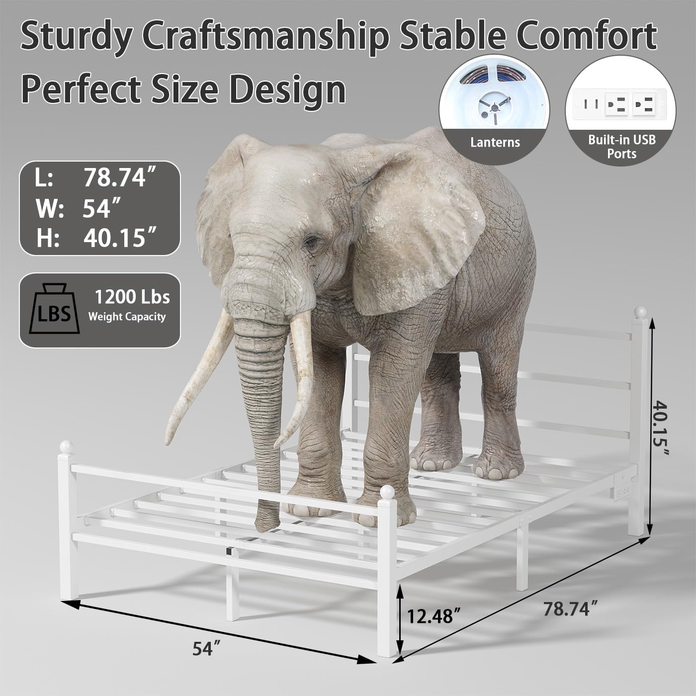 Full Size Bed Frame with Headboard and Footboard,White Metal Platform Bed Frames with LED Lights and USB Charging Station,Heavy Duty Metal Slats,No Box Spring Needed,Sturdy&Noise Free