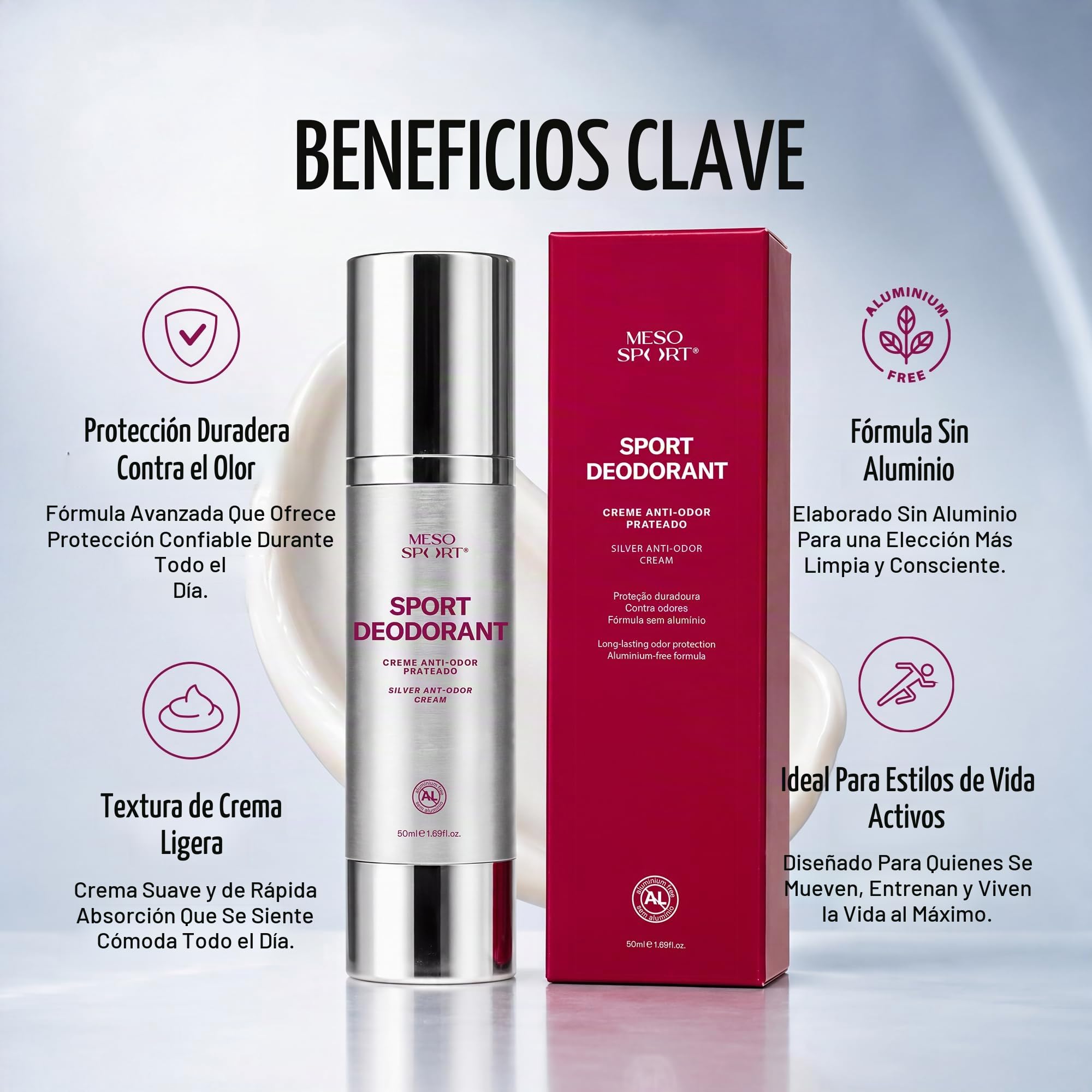 Sport Deodorant Crema Desodorante sin Aluminio con Tecnología de Plata para Estilos Activos, 50 ml