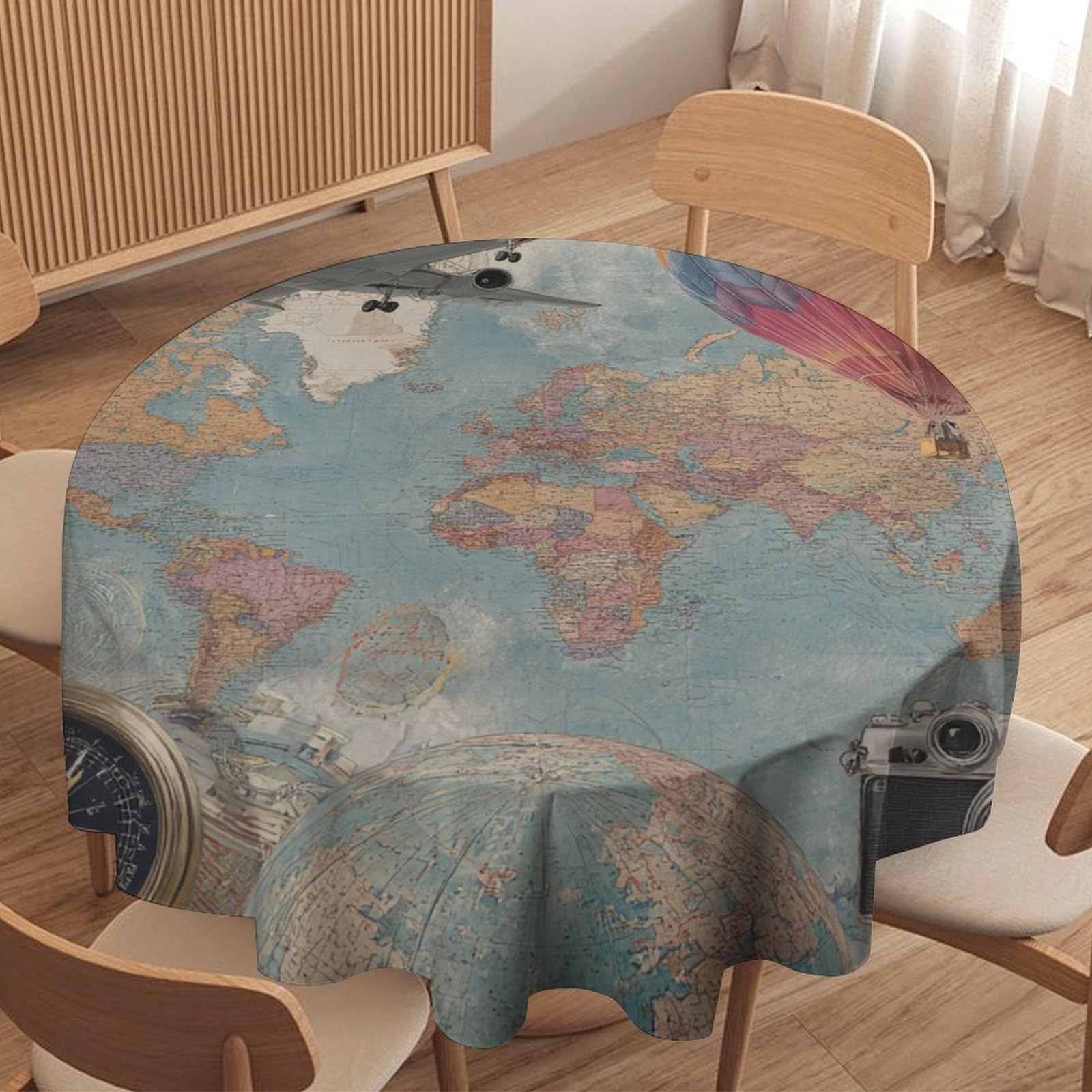 LUYYSKY Beautiful Rustic Old Map Waterproof Round Tablecloth Modern Vintage Airplane Hot Air Balloon Cameras Compass Washable Table Cover for Kitchen-177.8" Wx177.8 L cm