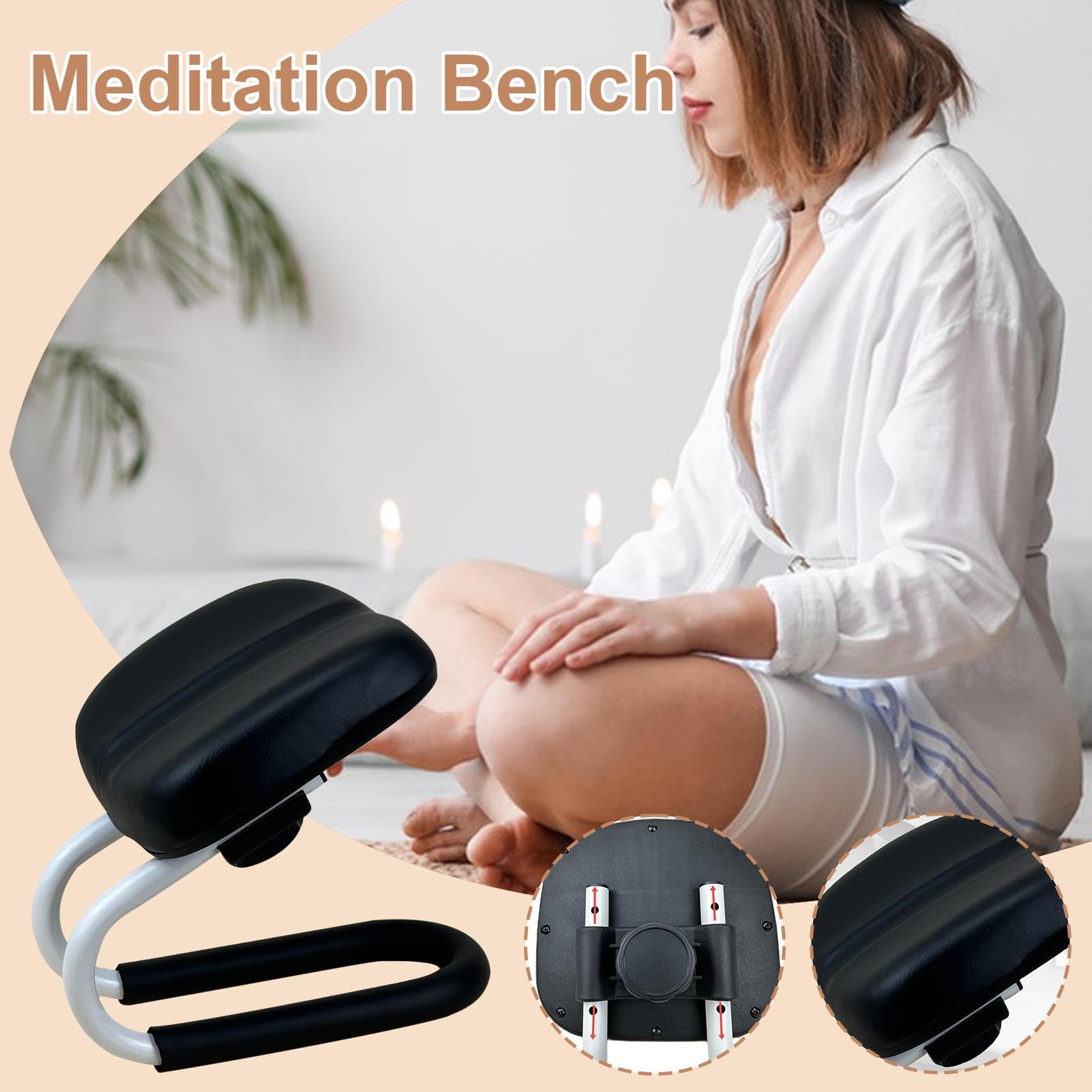 Banc de prière, Tabouret de méditation à Genoux, Chaise de Yoga pour Soutien des Hanches, siège de méditation antidérapant, Tabouret à Genoux en métal PU, Hauteur réglable pour la Maison