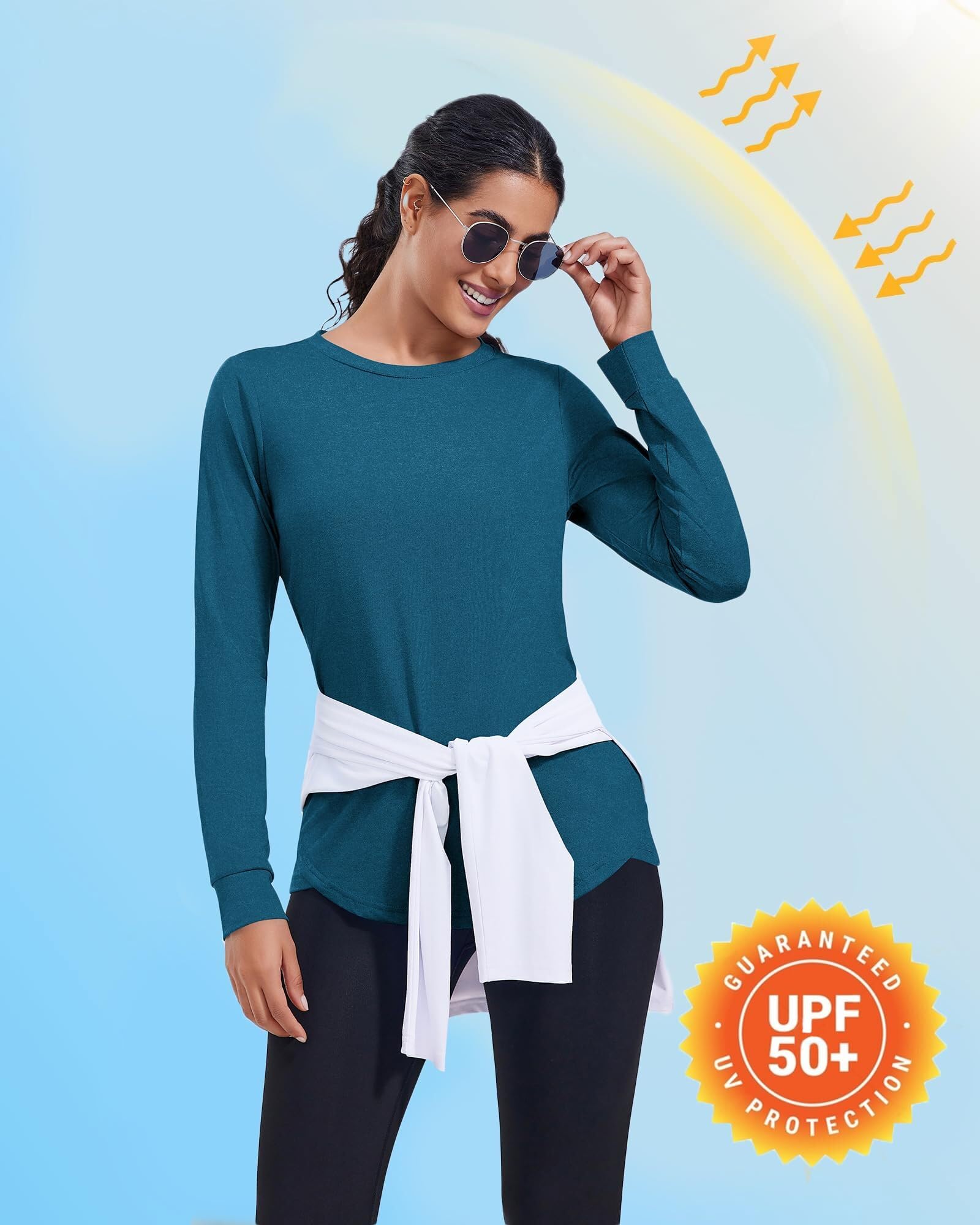 Vantor Damskie koszulki na siłownię T-shirt sportowy z długim rękawem UPF 50+ Ochrona UV Top do jogi do biegania Topy z okrągłym dekoltem Luźny krój do ćwiczeń
