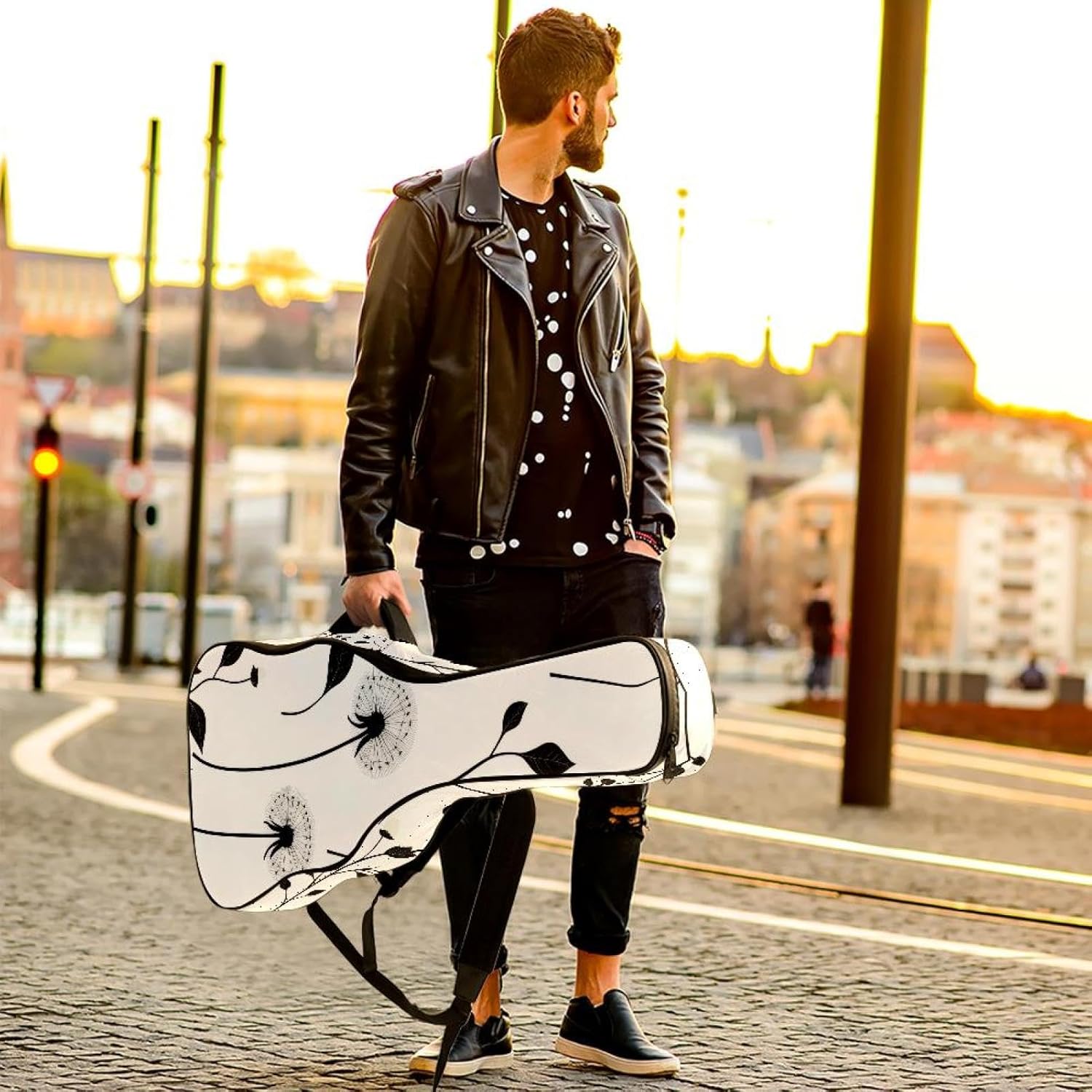 Dandelions Flowers and Leaves Acoustic Guitar Gig Bag, 1 cm Thick Padding Waterproof Guitar Bag Backpack for 40 41 42 Inch Electric Bass Classical Guitars