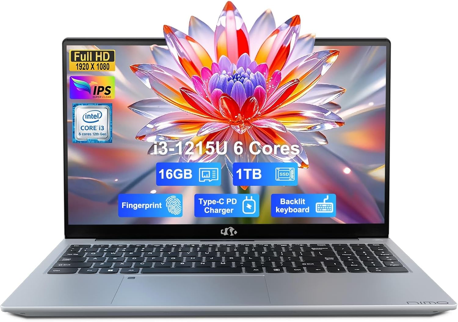 NIMO 15.6" IPS FHD-Business-Laptop, Intel 6 Core i3-1215U 16GB RAM 1TB SSD (Beat i5-1135G7, Up to 4.4GHz) Computer with 65W Type C Fingerprint Backlit Keyboard Wi-Fi 6 Numpad Win 11