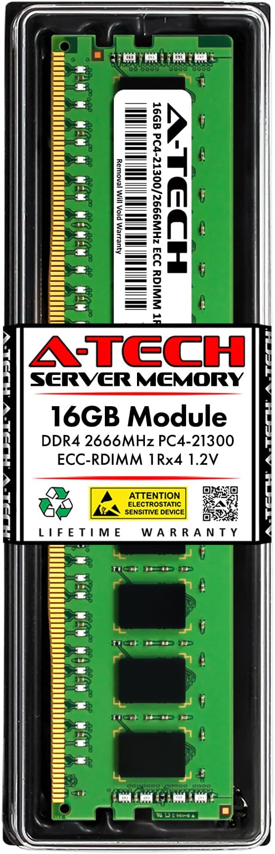 A-Tech 16GB DDR4 2666MHz PC4-21300 ECC RDIMM 1Rx4 Single Rank 1.2V ECC Registered DIMM 288-Pin Server & Workstation RAM Memory Upgrade Module (A-Tech Enterprise Series)