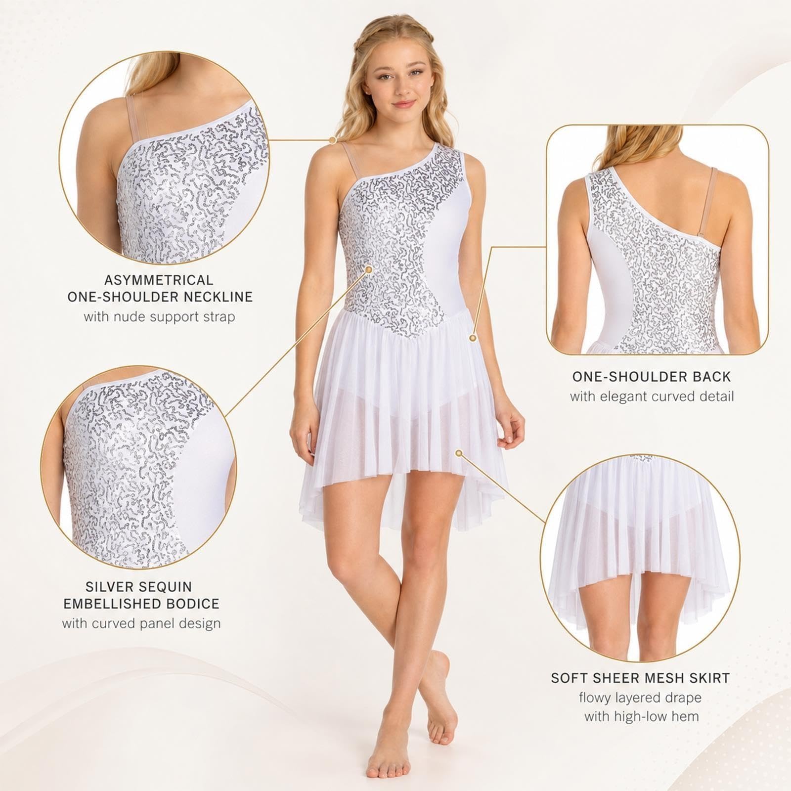 Abito da danza lirica donna e teen, body bianco con paillettes