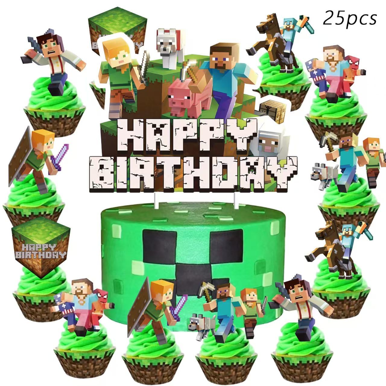 54Pcs Minecra_ft Pixel Birthday Decorations, Pixel Balloons Party Supplies Include Birthday Banner Cake tablecloth Toppers Latex Balloons Ribbons. — view 4