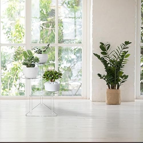 Miniatura 7 de Soporte acrílico para plantas de 3 niveles de esquina transparente, soporte para exhibición de flores de interior, estante para plantas al aire