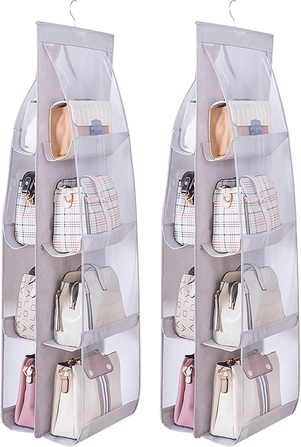 Gray purse storage organizer with clear PVC pockets for wardrobe