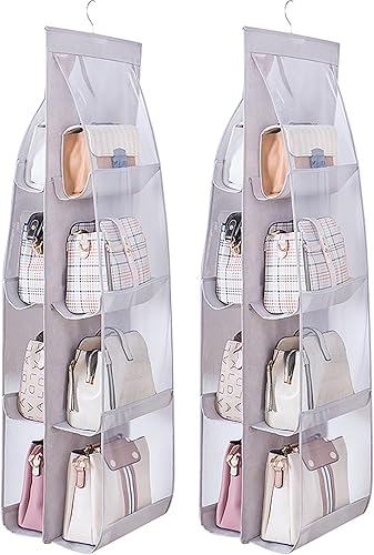MURRI&MURRDI Paquete de 2 organizadores de bolsos colgantes para armario, soporte de almacenamiento de bolso con 8 bolsillos de PVC transparente de