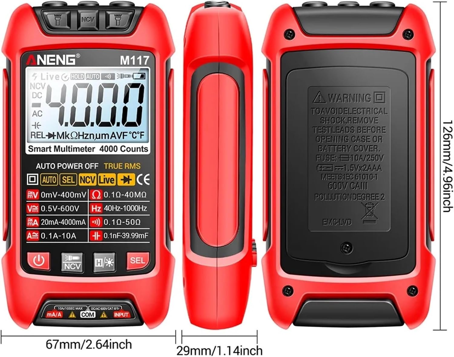 M117 Multimeter Smart Digital 4000-Count AC/DC Current Voltage Multimetro Professional Multifunction Tester Meter Tools(70R)