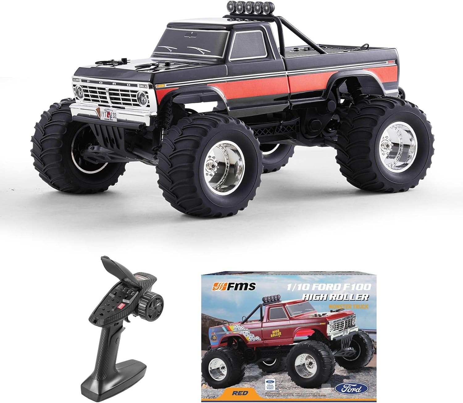 FMS 1/10 Ford F-100 RC Monster Truck, RS Without Battery, Hobby Grade RC Crawler 2WD Off-Road Truck for Adults (Black)