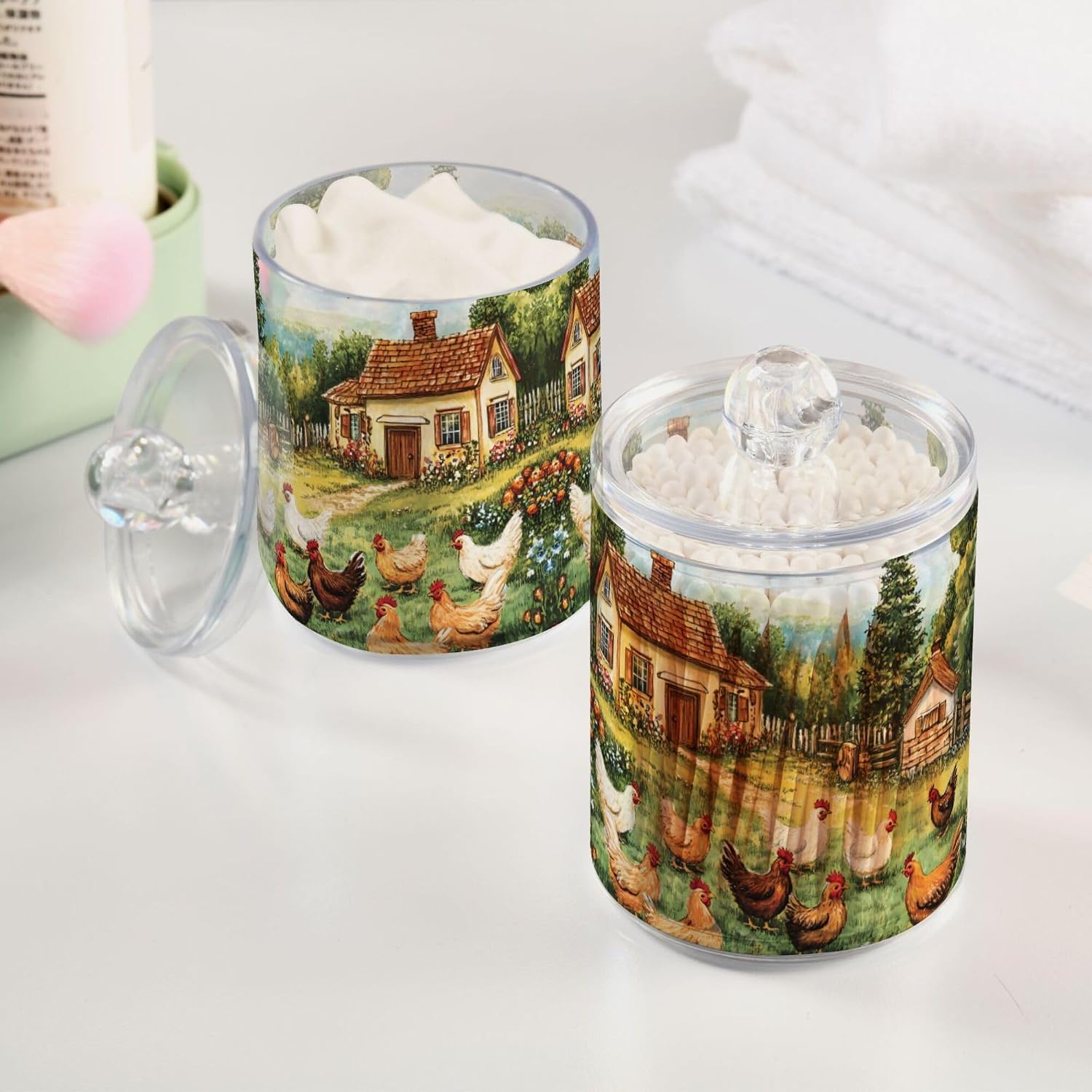 MNSRUU 4 Pack Qtip Holder Organizer Dispenser Chicken Meadow Flower House Bathroom Storage Canister Cotton Ball Holder Bathroom Containers for Cotton Swabs/Pads/Floss