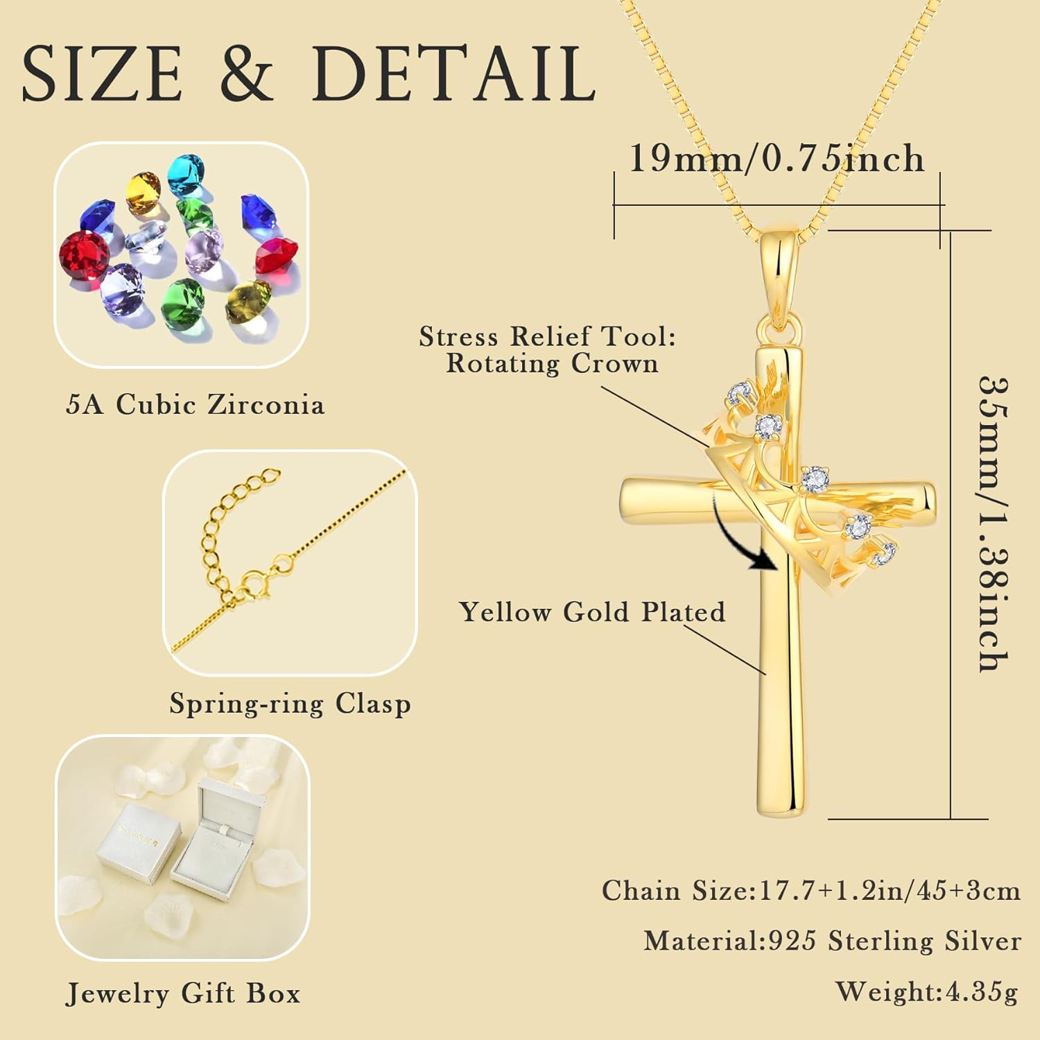 Cross and Crown Necklace for Women 925 Sterling Silver Rose Gold Plated Pendant Necklaces Rotatable Crown Cross Necklace Jewelry - Image 6