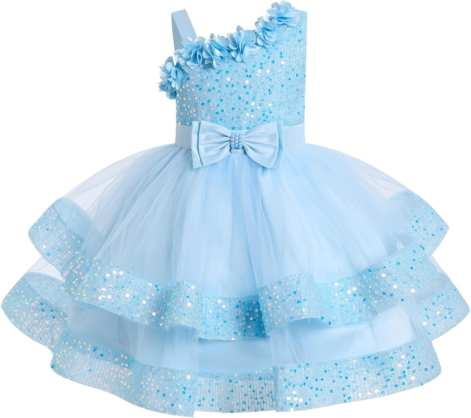 Baby Girl Pageant Sparkle Sequins Dress, 3D Flower Asymmetric Shoulder Party Tiered Tulle Gowns