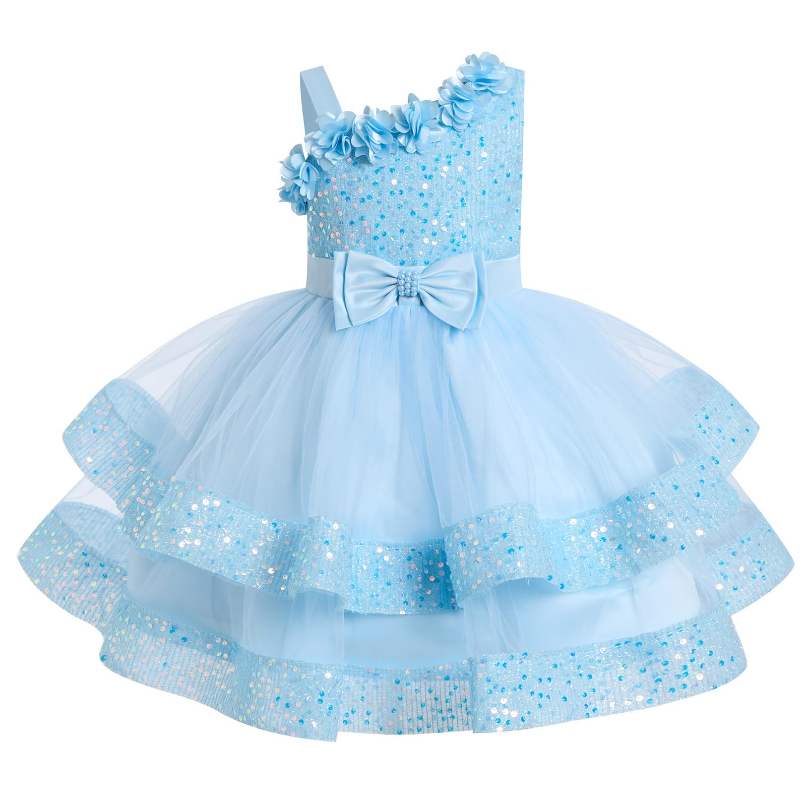 ABEHIK Vestido de princesa de lentejuelas para niñas, vestido de verano de malla de flores, tutú para fiestas, vestido de boda festivo para niños