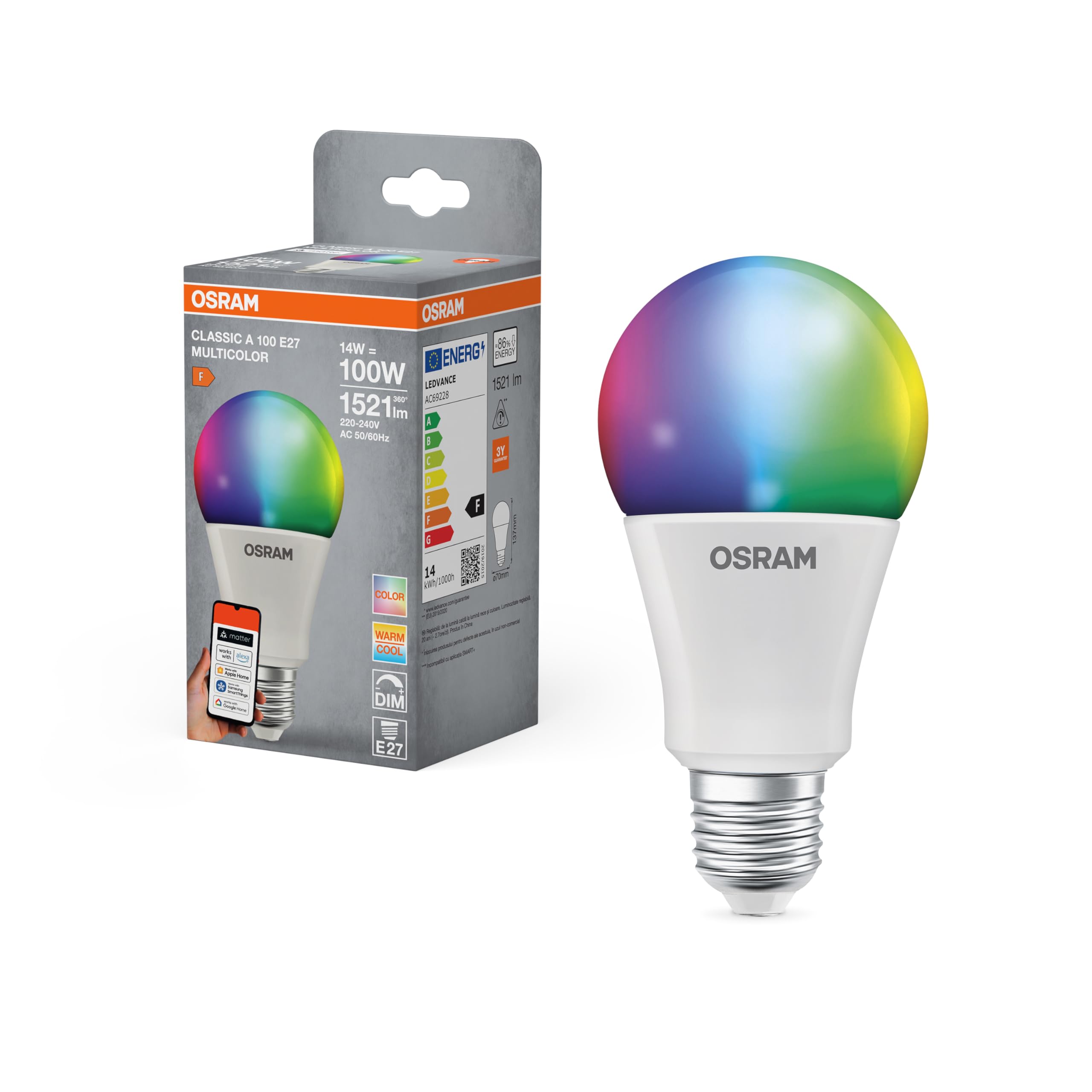 Osram OSRAM SMART+ RGBW, lampe LED E27 avec Matter over Wifi, spécialement conçue pour ALEXA - installation facile en un clic,remplace 100W, blanc chaud à blanc froid, 16 millions de couleurs RGB, pack de 1