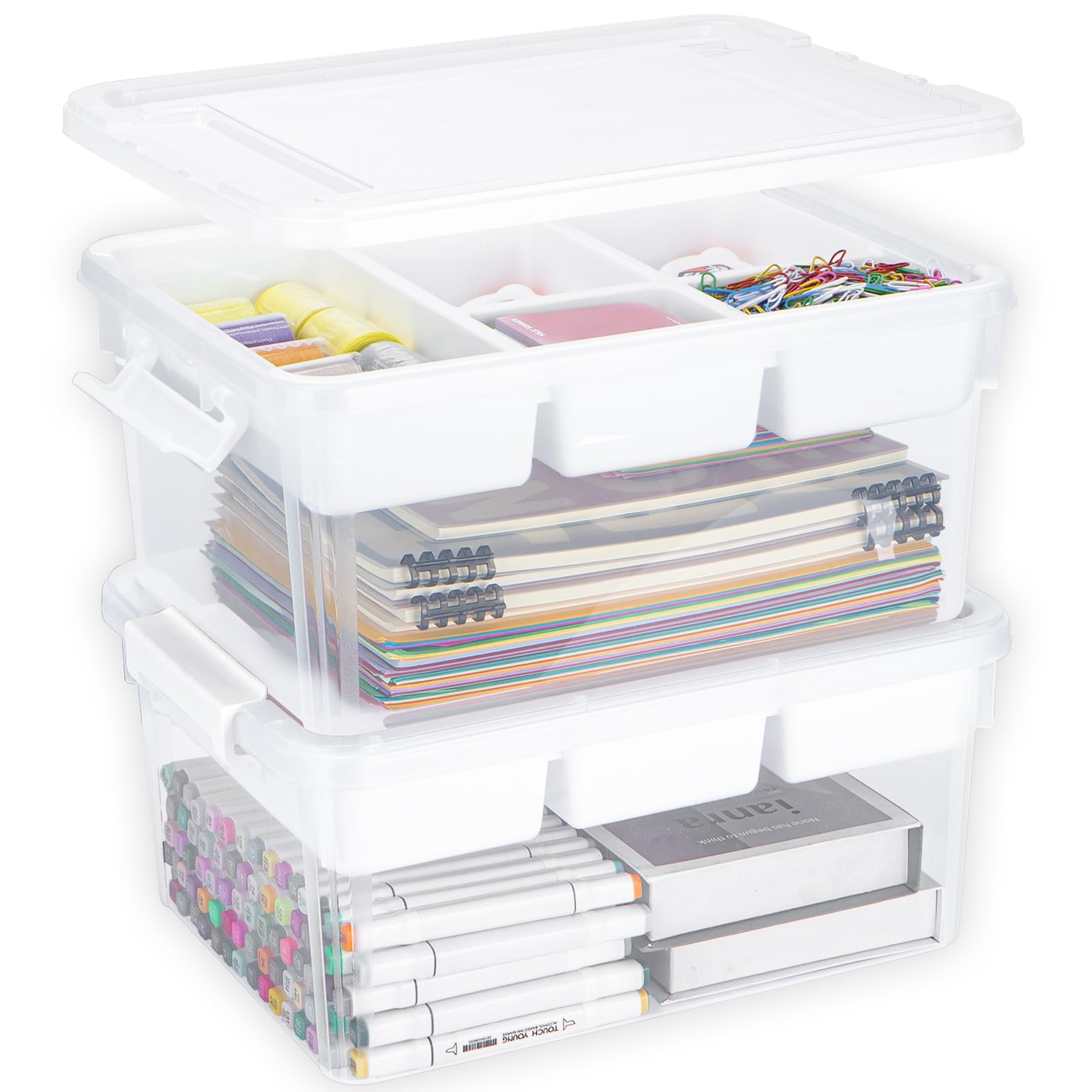 Creahaus 2Pack 16L Organizers and Storage Box with Removable Tray, Durable Plastic Containers with Lids and Latching Buckles, Stackable Art & Craft Box for Art, Playdoh, Tool, Craft, Toy (WHITE)