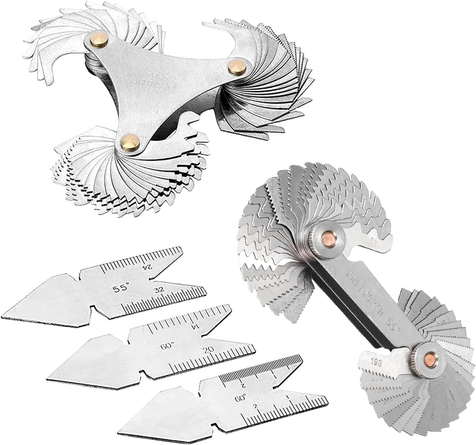 5 Pcs Thread Pitch Gauges Measure Tool Set,Stainless Steel Thread Gauges 3 Pcs 55 & 60 Degree Metric System Centre Gage + 51Pcs America SAE Type + 52 Pcs Metric & America SAE Type & British Whitworth