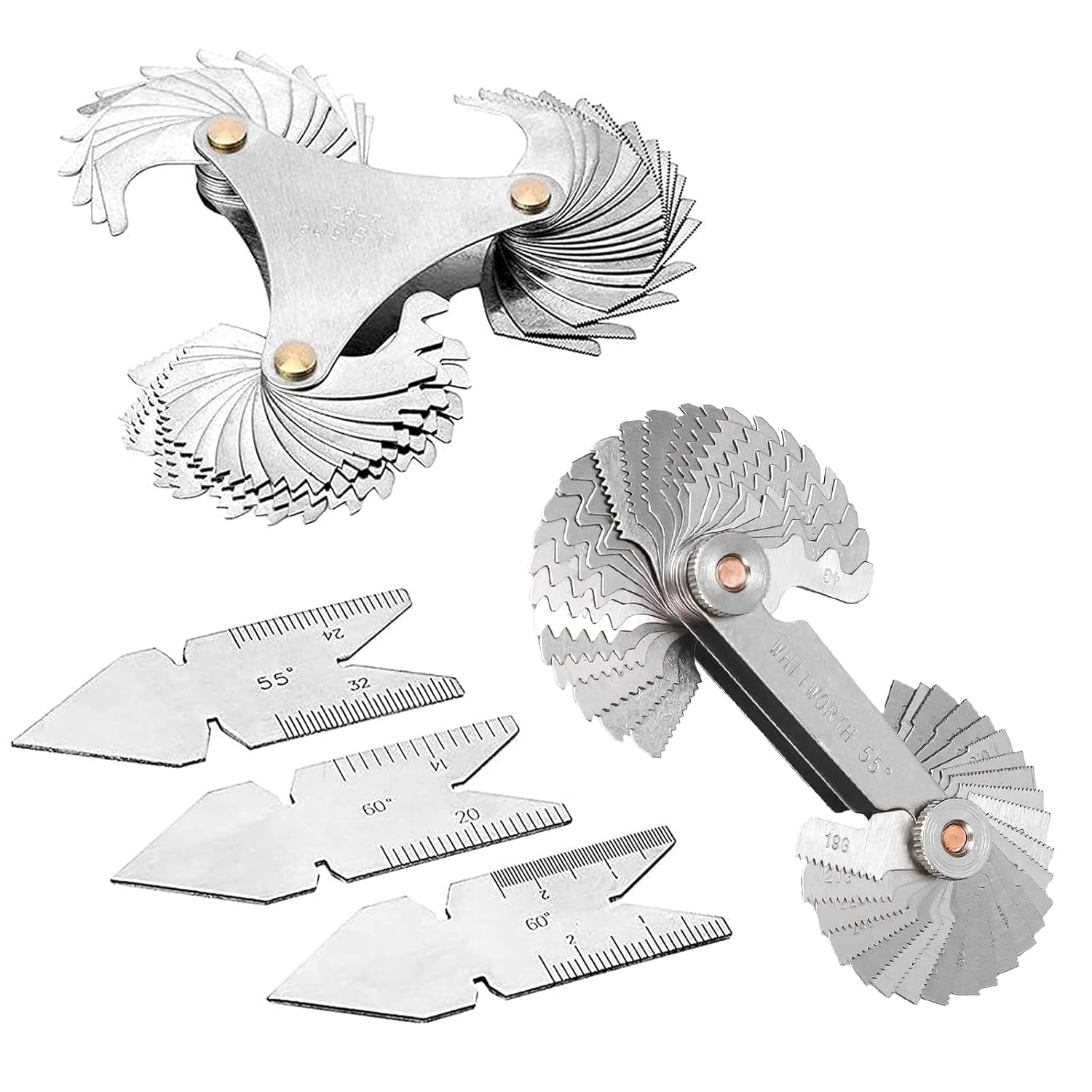 5 Pcs Thread Pitch Gauges Measure Tool Set,Stainless Steel Thread Gauges 3 Pcs 55 & 60 Degree Metric System Centre Gage + 51Pcs America SAE Type + 52 Pcs Metric & America SAE Type & British Whitworth