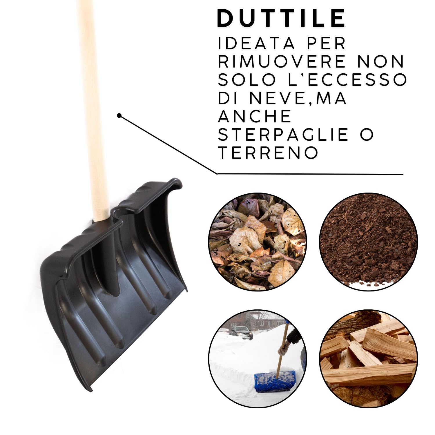 Pala da Neve Nera Multifunzione Manico Legno Lama in Plastica Rinforzata Resistente Bordo Metallo Larghezza Lavoro 40 cm Spala Neve Foglie Terreno Giardinaggio