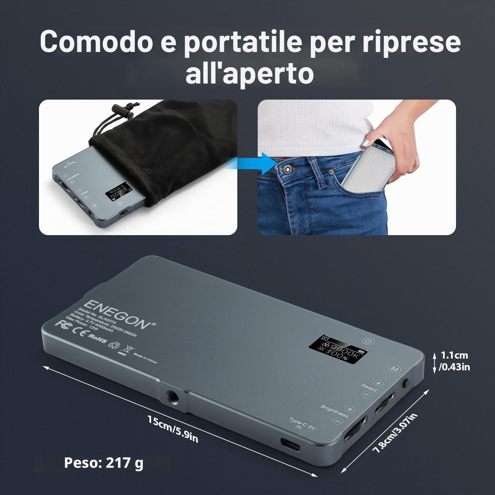 ENEGON 4000mAh Luce Video LED 2500K-9900K Bicolore Montabile Ricaricabile USB con Mini Pannello per Fotocamere DSLR Professionali Foto Illuminazione