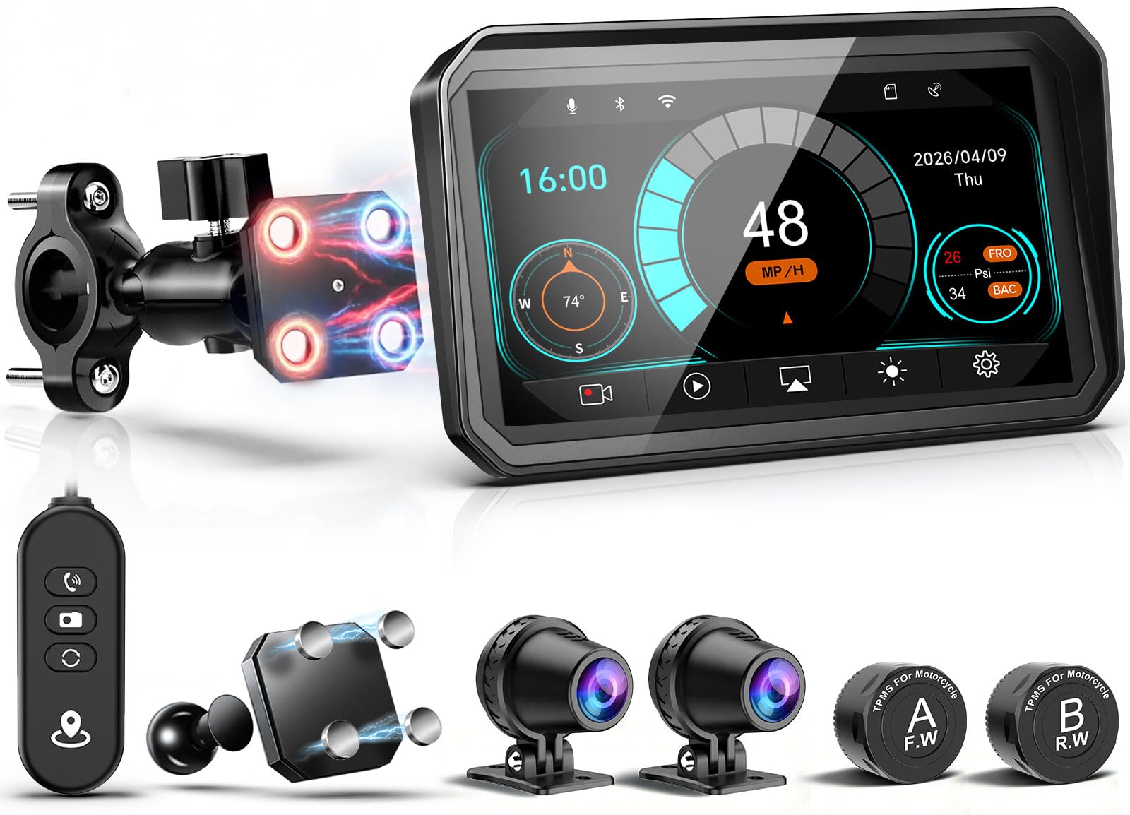 2026 LBW 6" Portable Motorcycle CarPlay GPS with Wireless Android Auto, Dual 2K Dash Cam/Recorder, Navigation System, HD Waterproof Touchscreen, Quick-Release Magnetic Bracket, TPMS, BT, G-Sensor-image-31