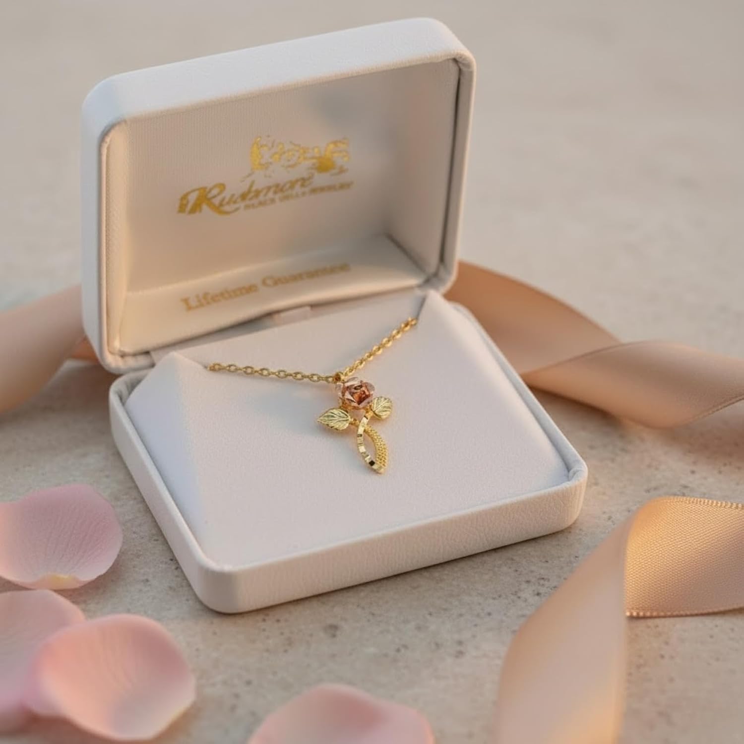 3D Rose Flower Leaf Cross Pendant Necklace, 10k Yellow Gold, 12k Green and Rose Gold Black Hills Gold Motif, 18"