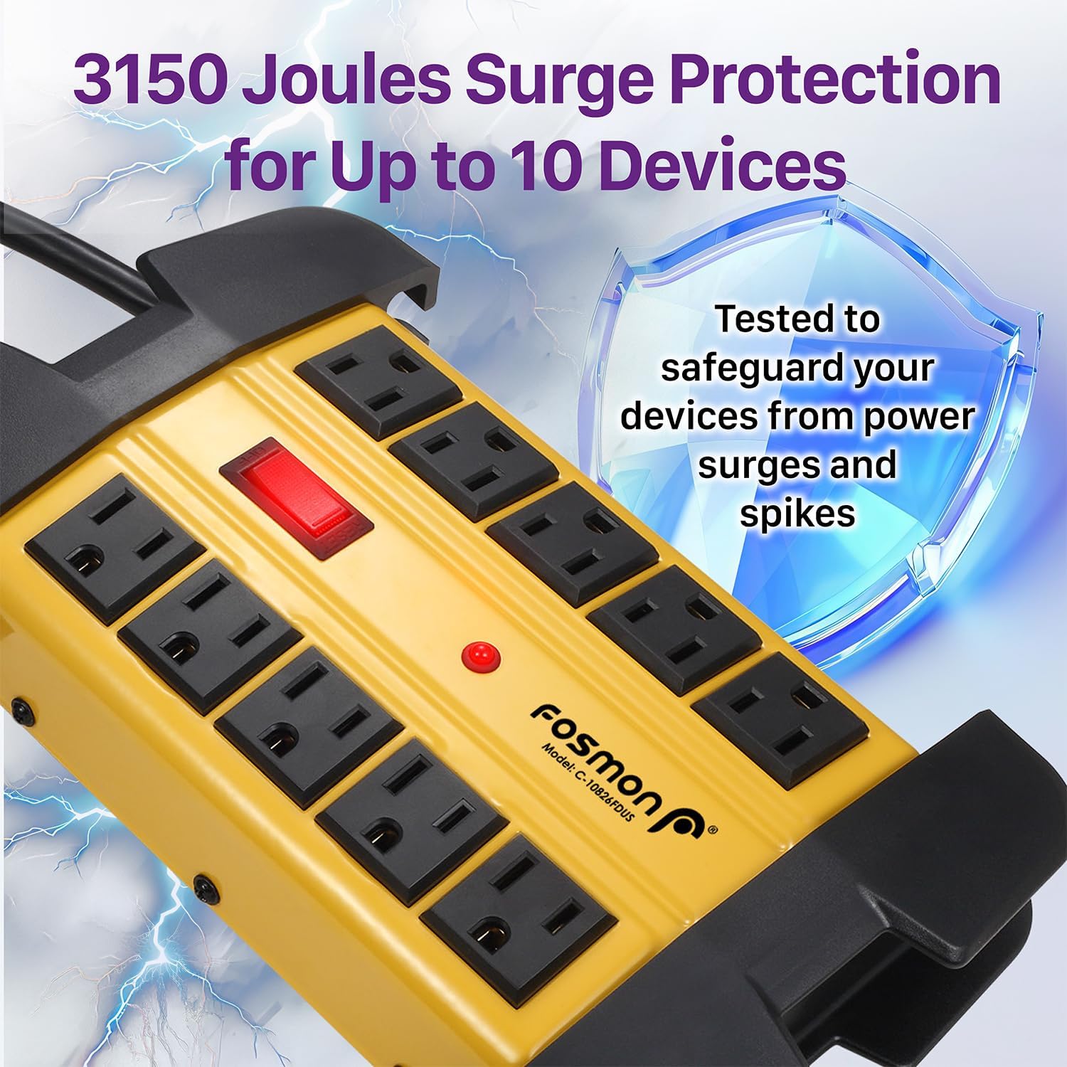 Fosmon 10-Outlets Heavy Duty Power Strip Metal Surge Protector with 3150 Joules & 15 Amps, 15-FT Wall Mountable Extension Cord for Garage, Workshop, Garden, Kitchen, Office, School, ETL Listed