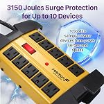Fosmon 10 Outlets Heavy Duty Power Strip Metal Surge Protector 3150J, 15ft | Wall Mountable Power Bar 15A Extension Cord For Garage, Workshop, Garden, Kitchen, Home Office, School Accessories ETL Listed