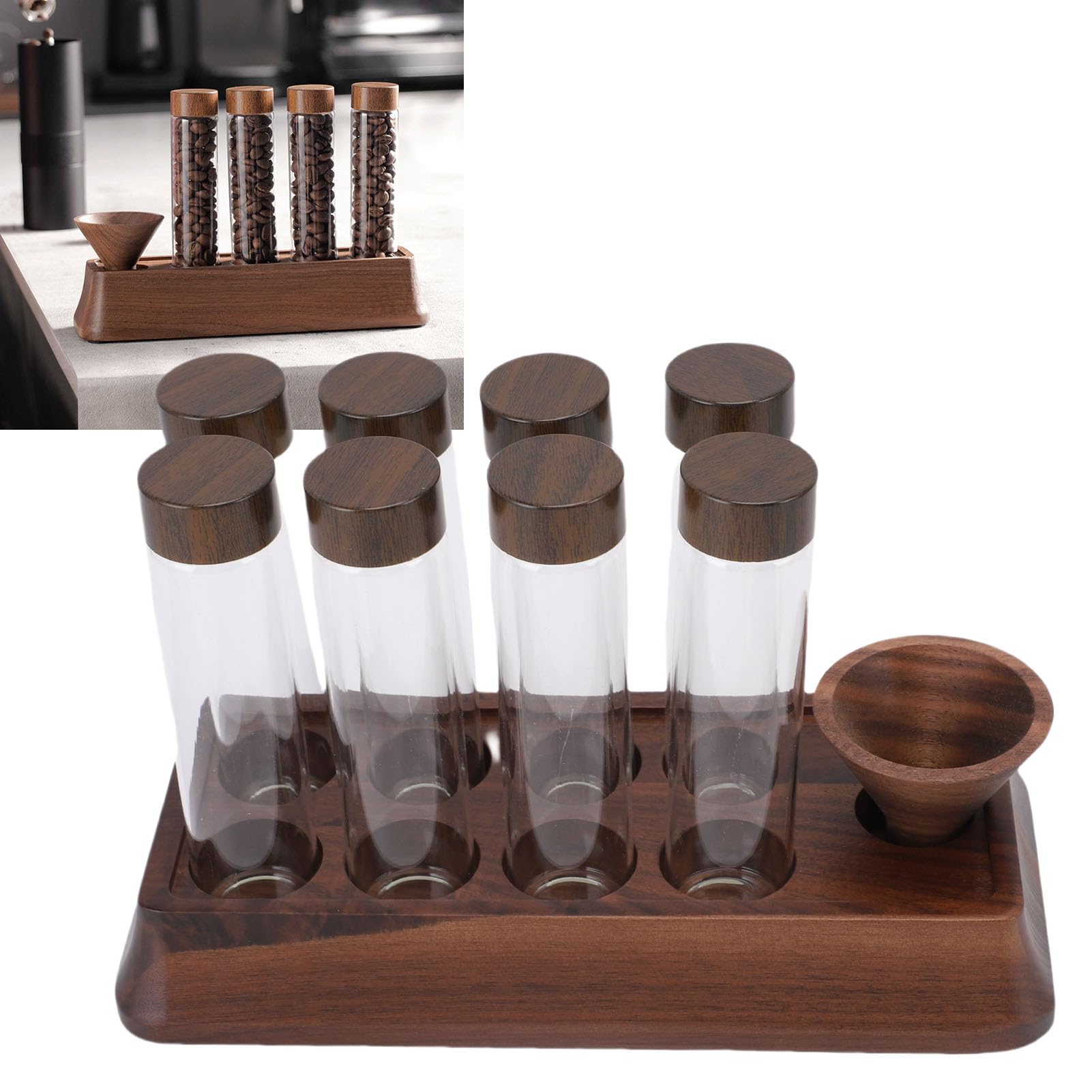 Jiawu Eleganter Walumiwood -Basis -Kaffeebohnen Lagerrohrglasglas, Luftdichte Behälter für Frische Kaffeebohnen, für Bars und das Brauen zu Hause