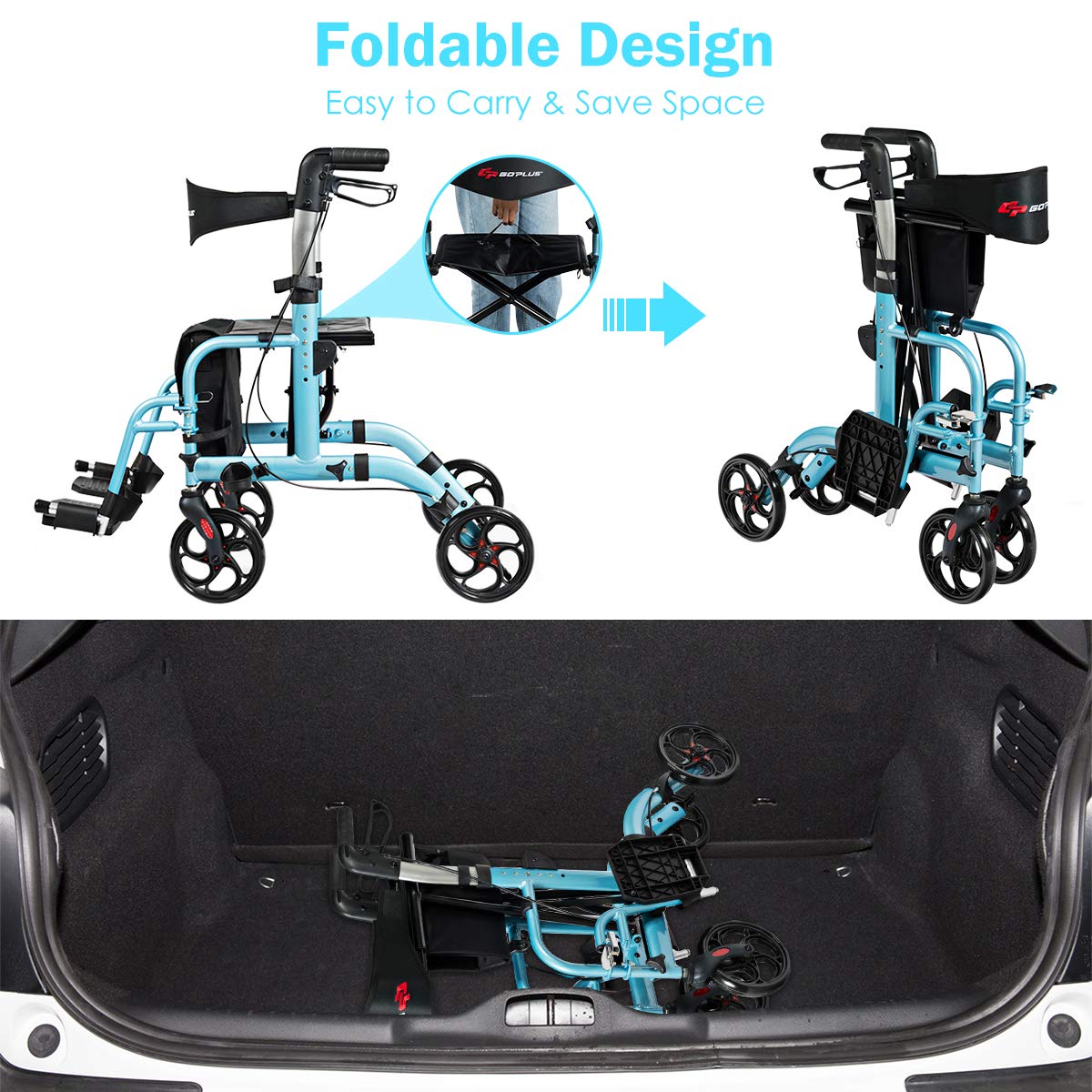 GOPLUS 2 in 1 Rollator Walker with Seat, 4 Wheel Rolling Wheelchair for