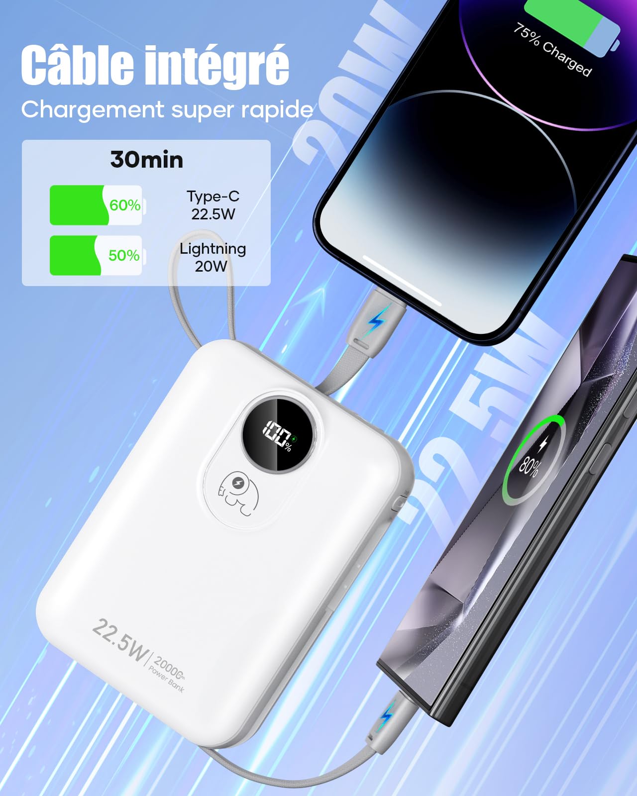 Batterie Externe 20000mAh avec Câble intégré : 22.5W Power Bank à Charge Rapide pour téléphone Portable, Batterie USB C (Input & Output), Chargeur Portable avec 4 Sorties et 2 entrées- Blanc