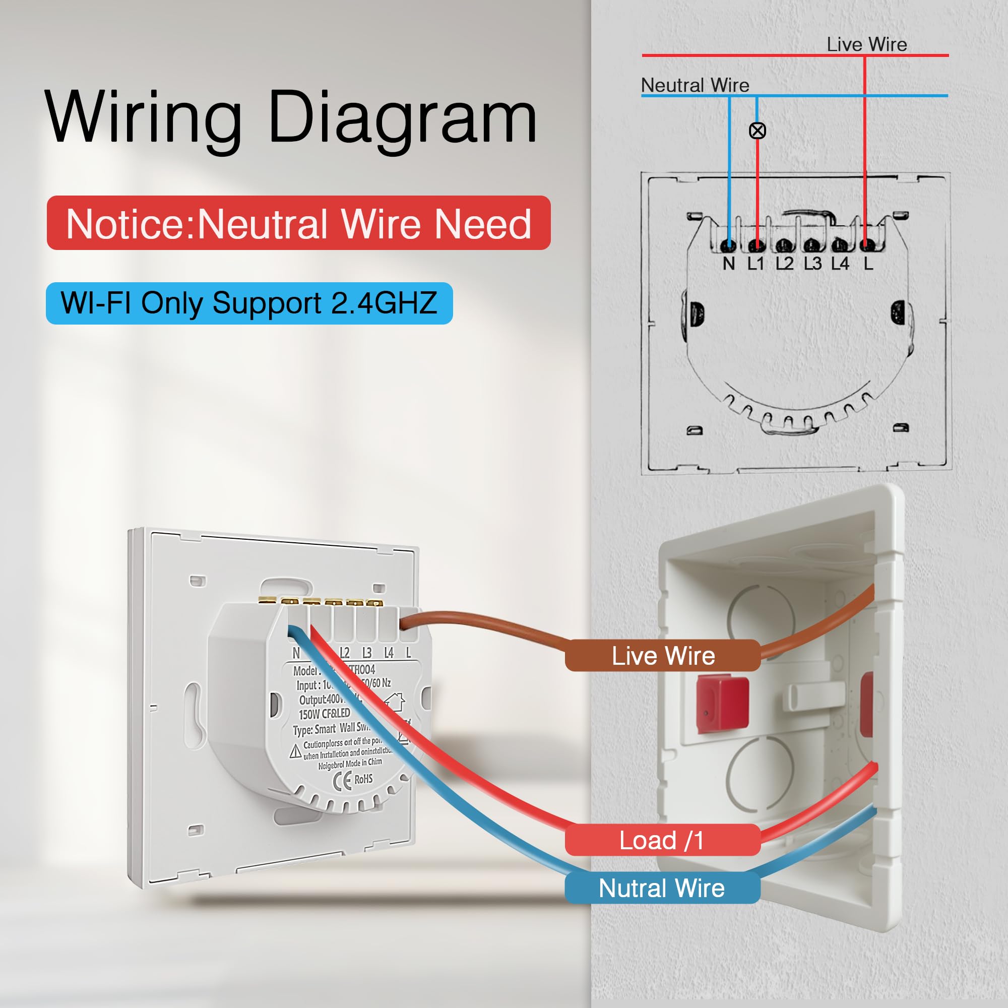 Naigebrol Smart Life WiFi Smart 86 * 86 UK Standard Touch Light Switch with Neutral Wire Support Voice Controlled Wall Switch Compatible with Alexa Google Home 1 Gang Black - Image 3