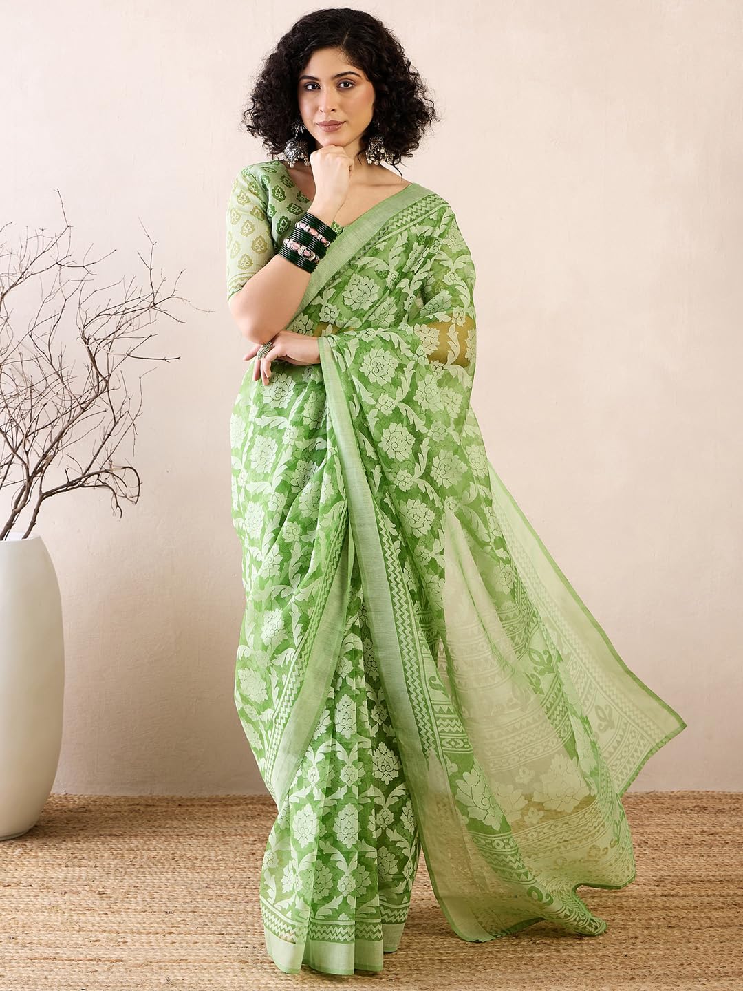 SAREE MALL Women's Green Brasso Floral Printed Ready To Wear one Minute Saree With Unstitched Blouse (RTWMSKR01E_HS) 1