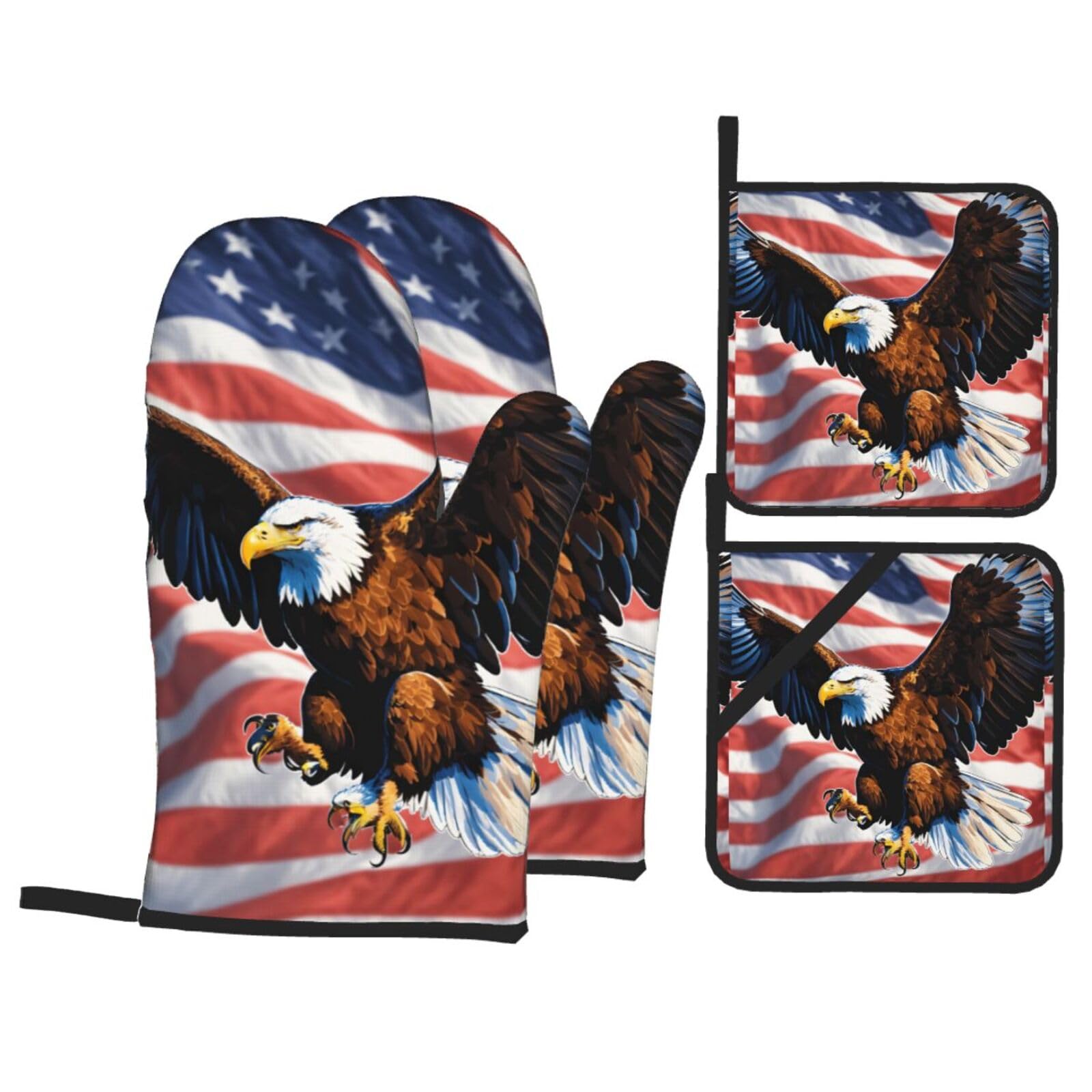 Eagle With Usa Flag Print Kitchen Oven Mitts And Pot Holders Set,Hanging Loop Design For Cooking Baking Bbq