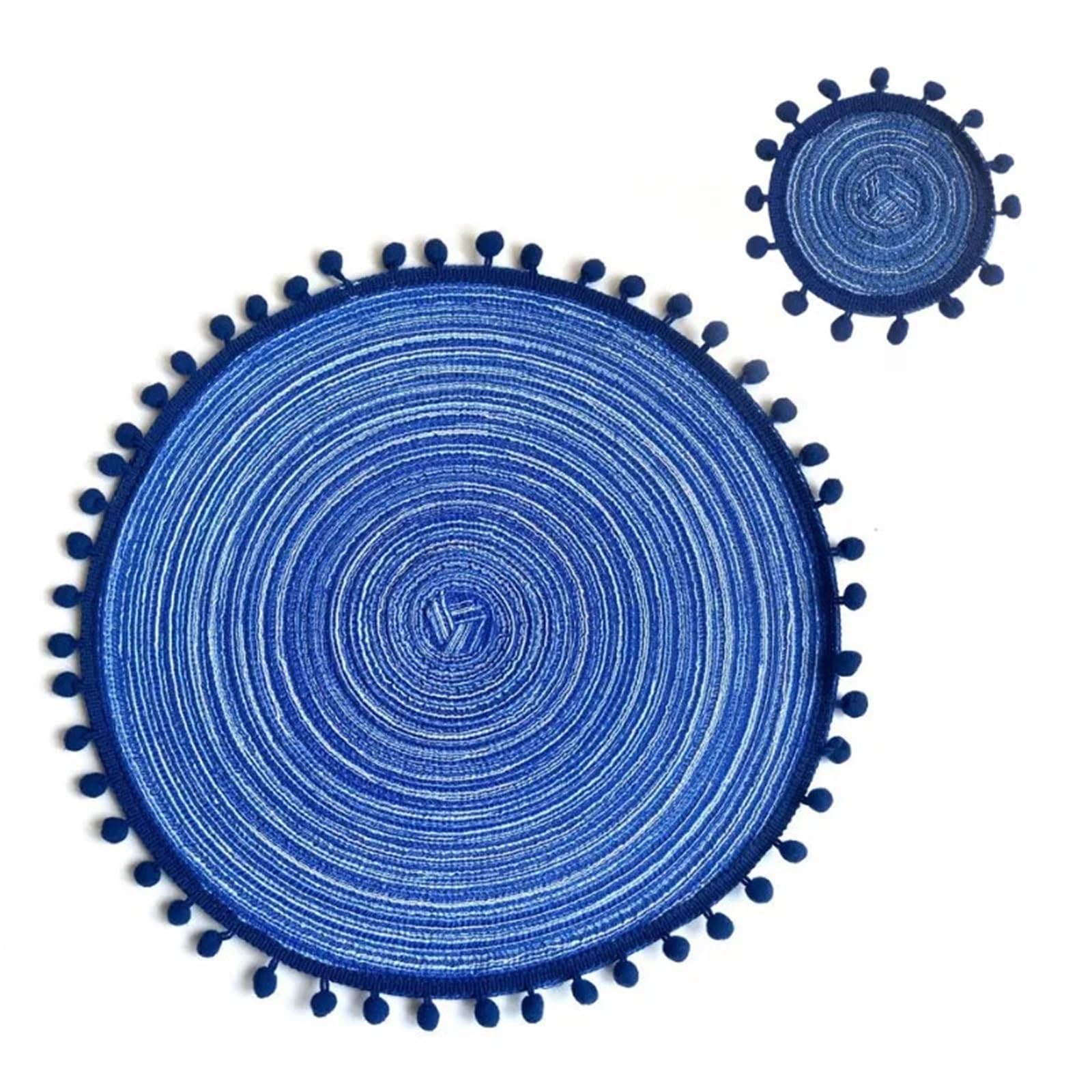 Placemats And Coaster Sets Pompom Placemats and Coaster Set Round Trivet for Hot Dish Vintage Placemat Jute Table Mats(Pom blue)
