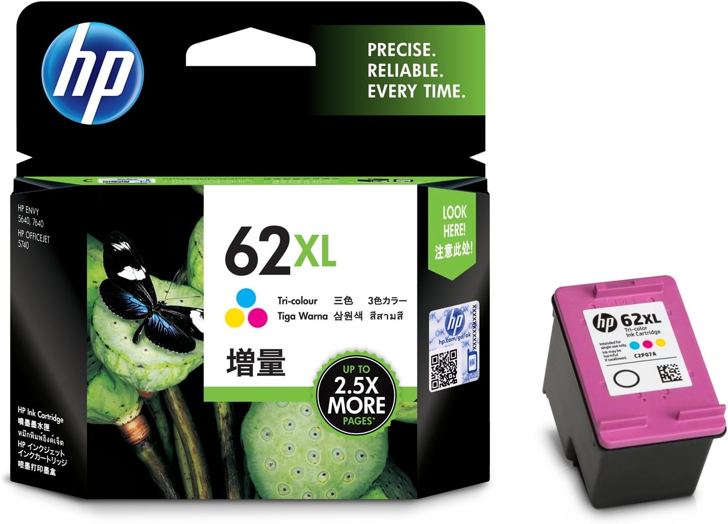 62XL High Yield Tri-colour Original Ink Cartridge Page Yield 415 (P/N C2P07AE)