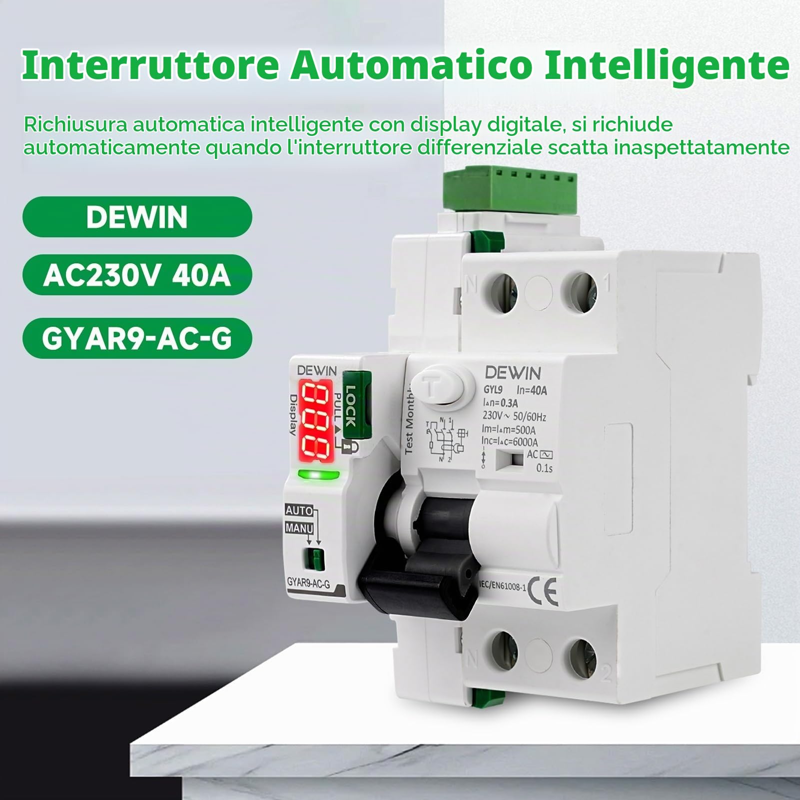 DEWIN Salvavita con Riarmo Automatico 40A,Differenziale Riarmo Automatico 300mA Interruttore Differenziale a Riarmo Automatico Display a LED (300mA TypeAC)