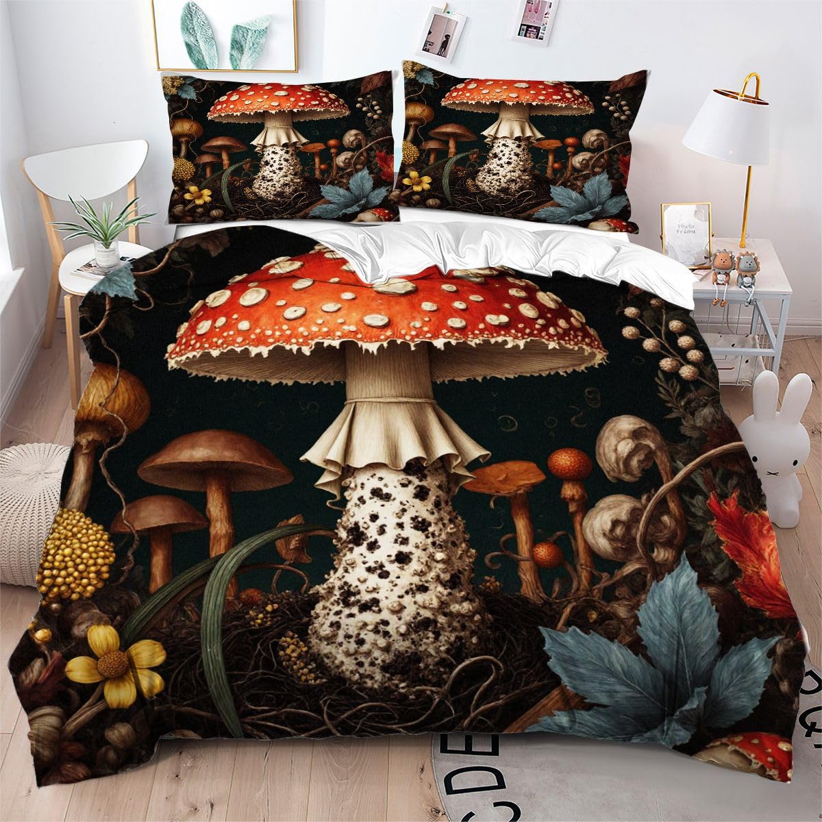 Bedding Set King 240x220 cm Animated Mushroom Child, Fashionable Patterns and Unmatched Comforter Cover Set, Microfiber Quilt Cover with 1 Duvet Cover 94"x 86" & 2 Pillowcases 19" x 29"_B10841